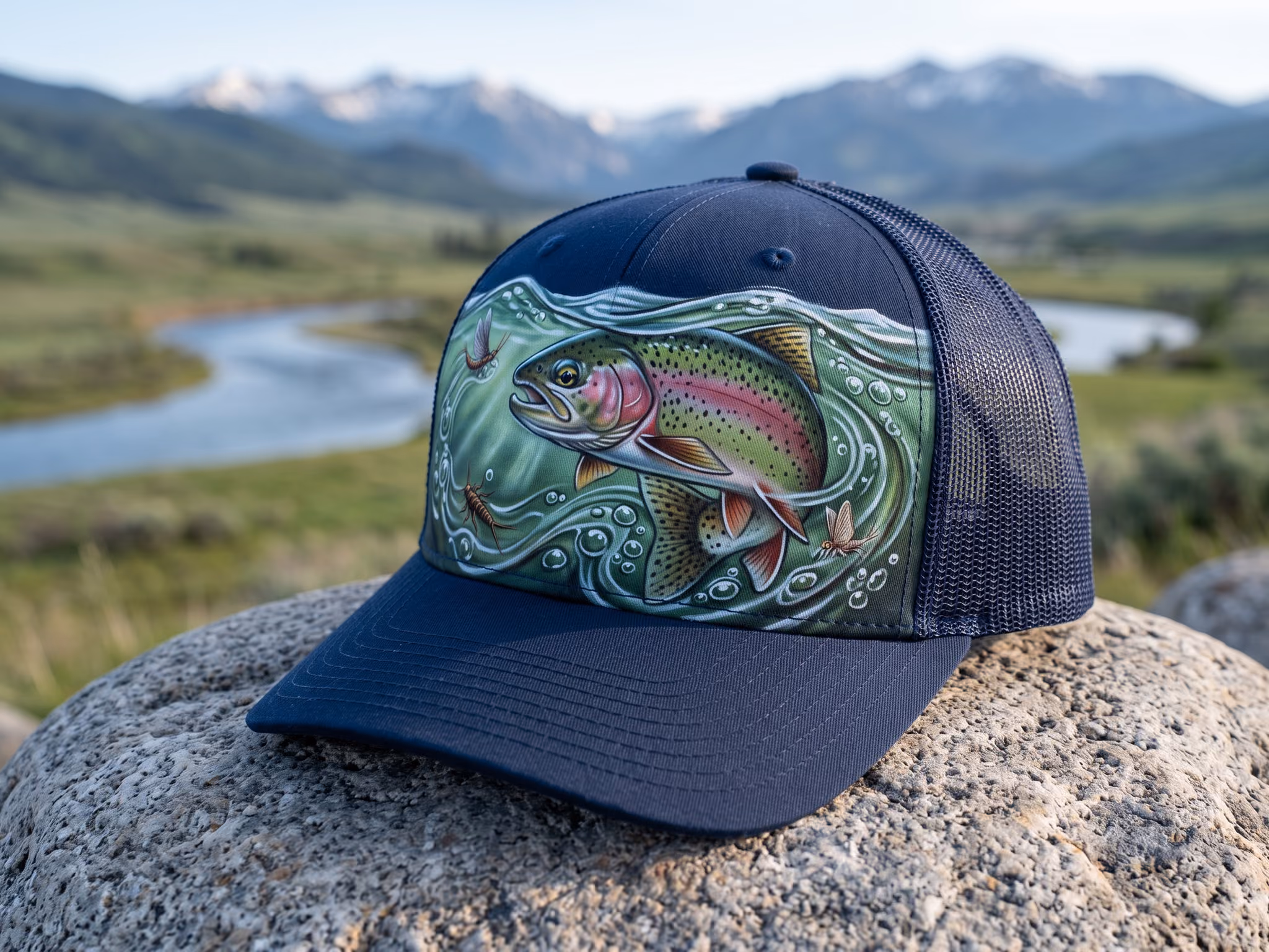Currents and Mayflies Rainbow — a trucker hat by Dekasso