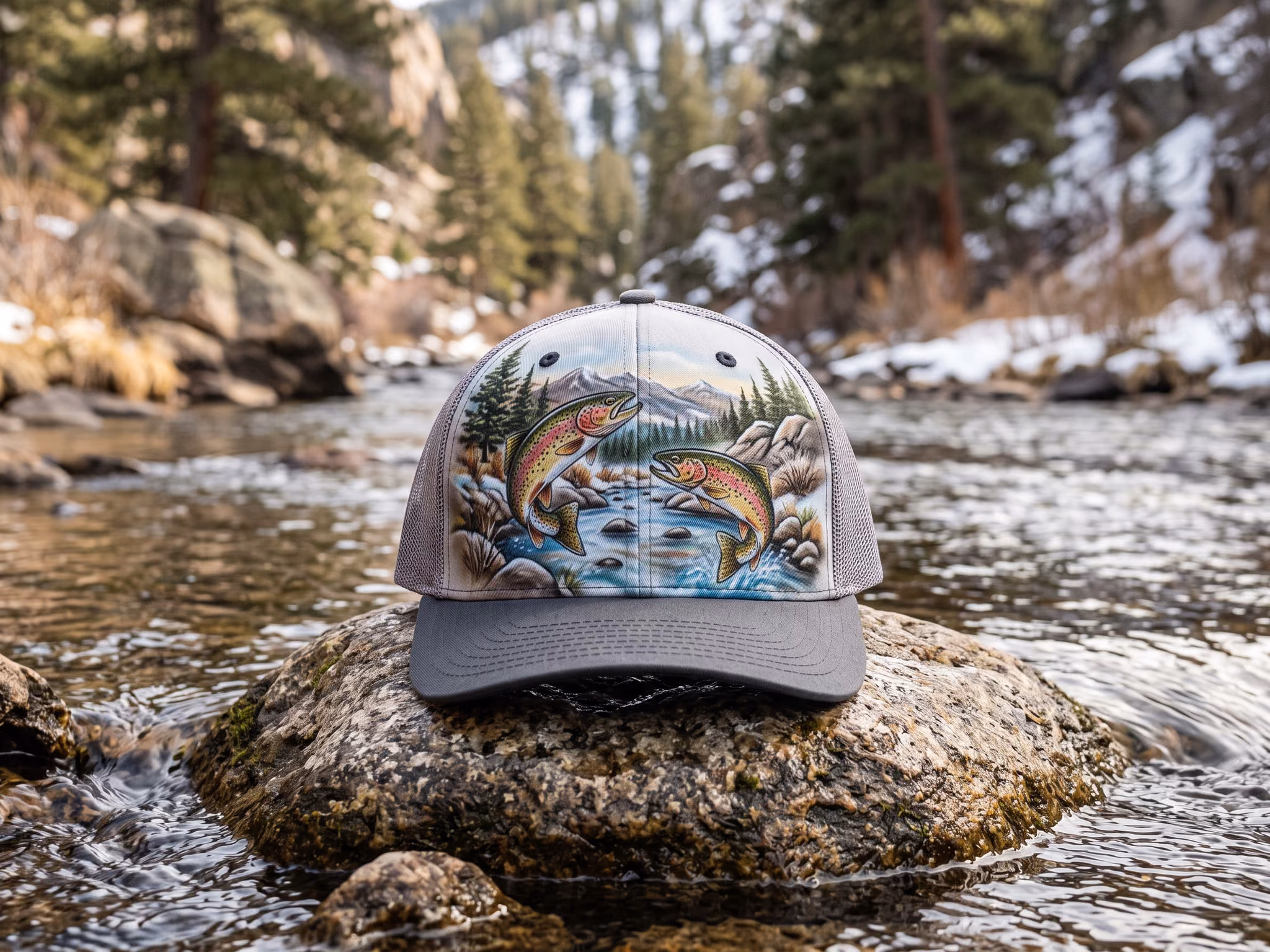 South Platte Rainbow trout Trucker — a trucker hat by John Derek Leavitt