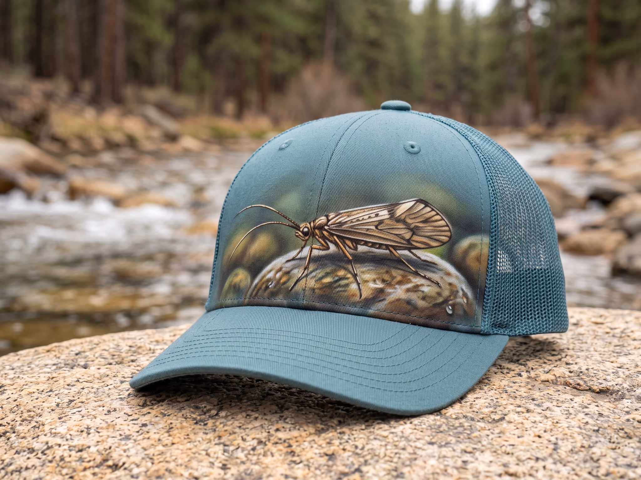 Teal Riverbed Caddis — a trucker hat by Dekasso