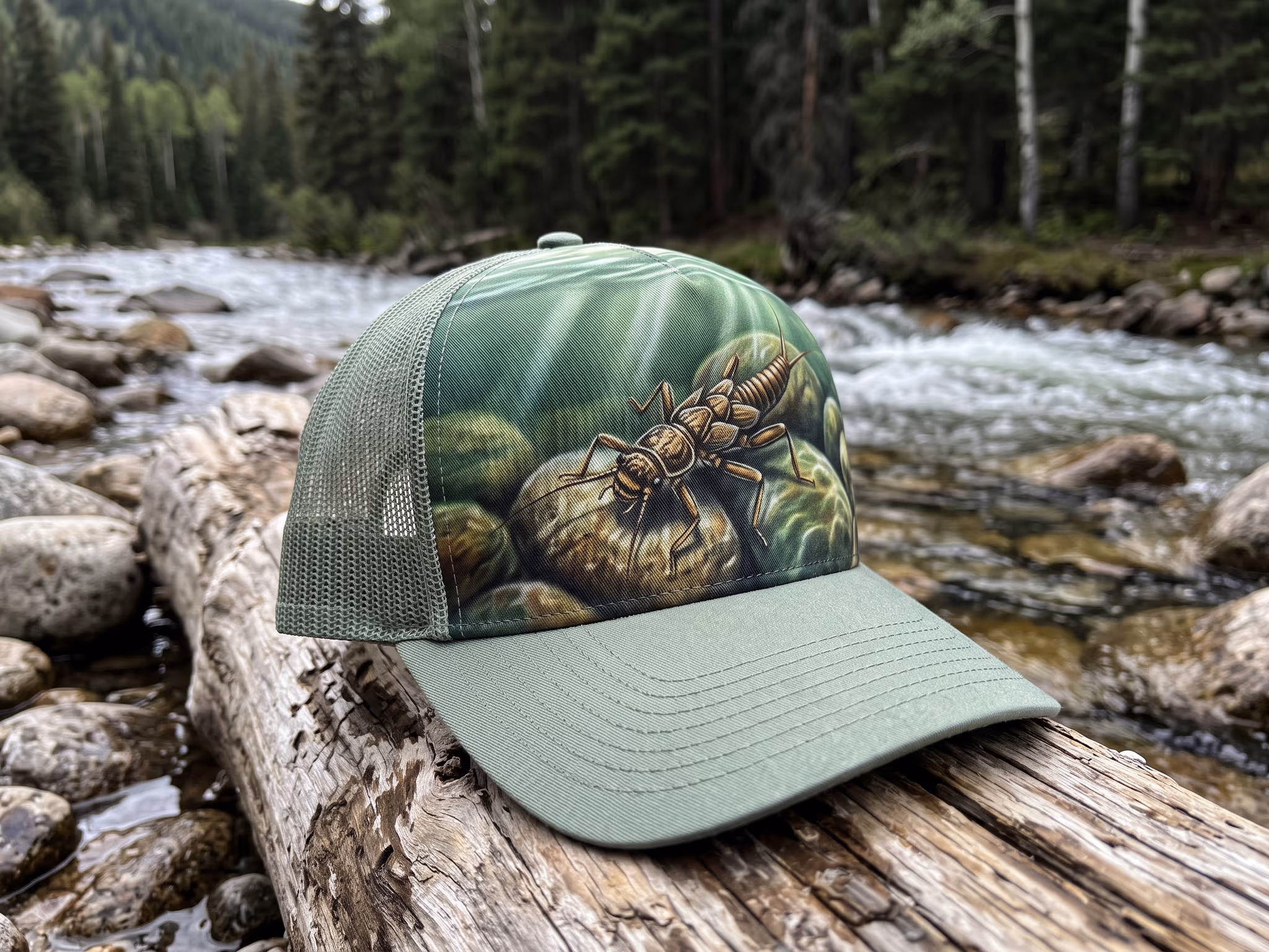 Riverbed Caustics Stonefly — a trucker hat by Dekasso