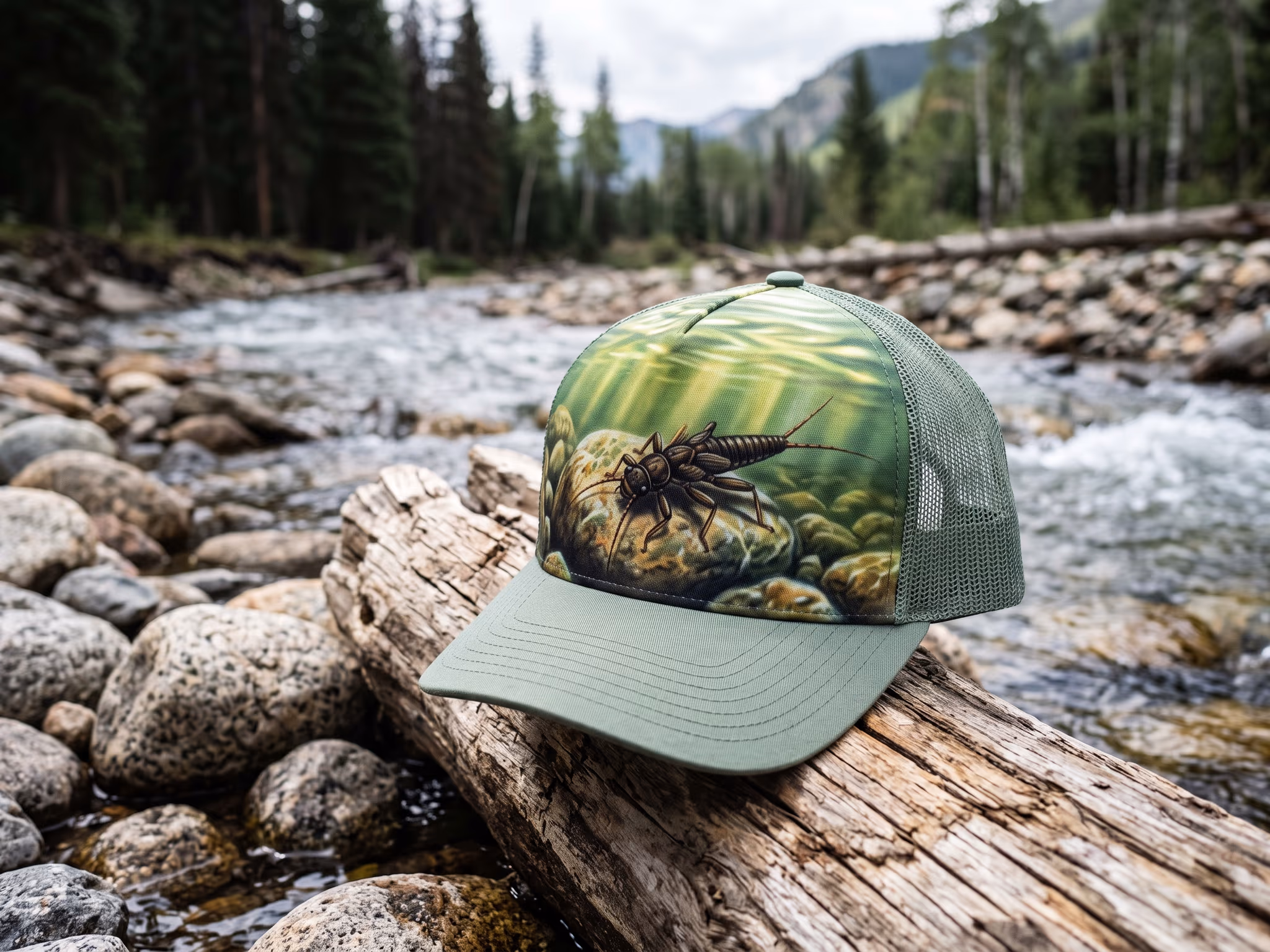 Sunlit Shallows Stonefly Nymph — a trucker hat by Dekasso