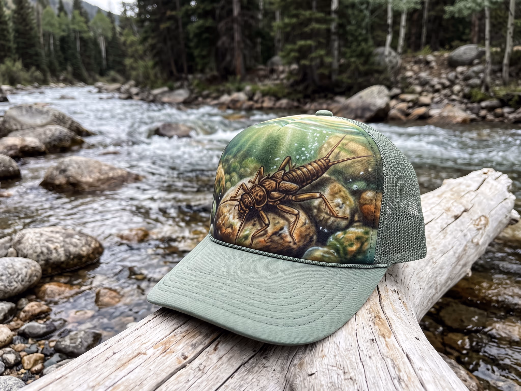 Sunlit Riverbed Stonefly — a trucker hat by Dekasso