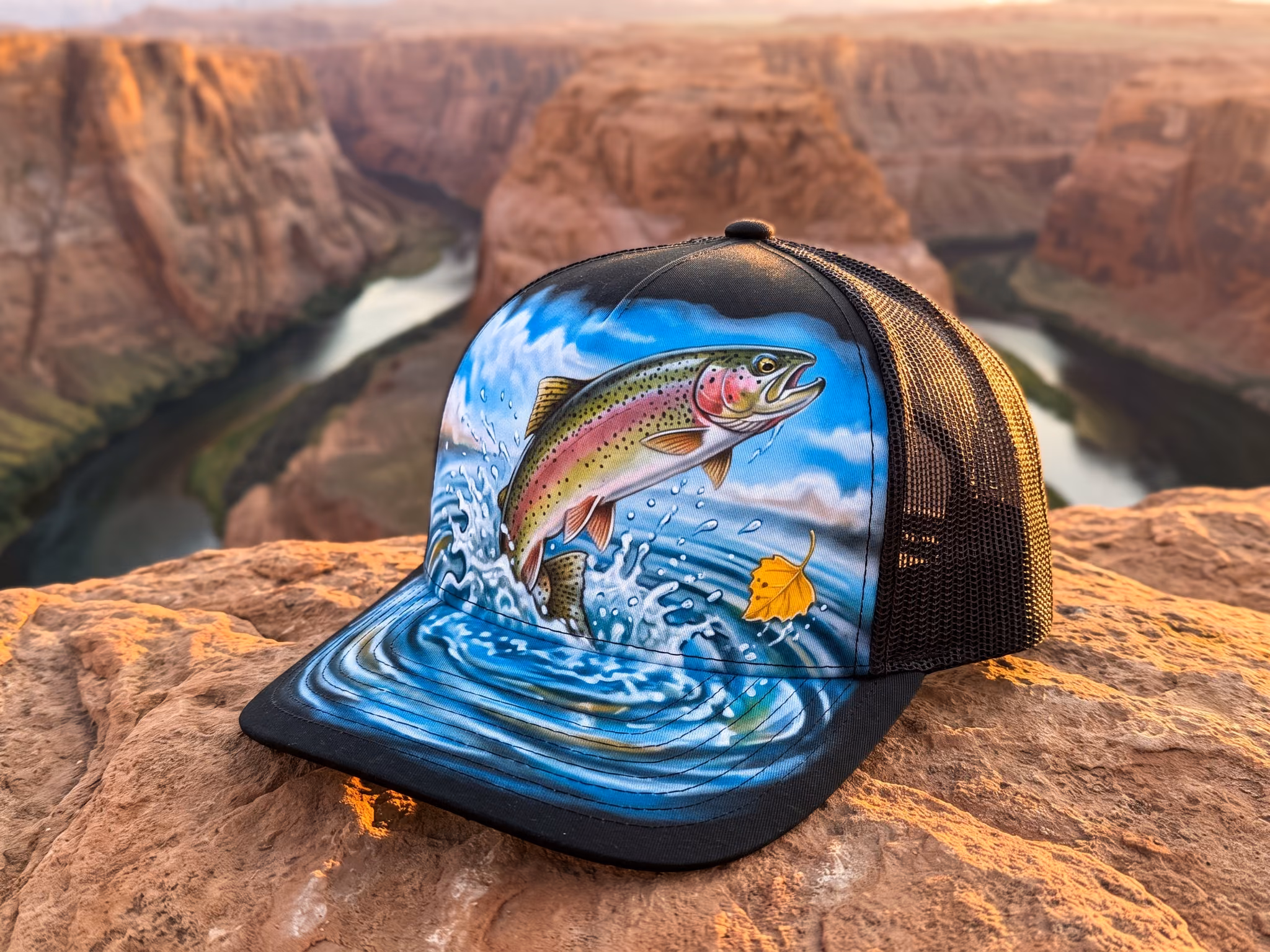 Autumn Splash Rainbow Leap — a trucker hat by Dekasso