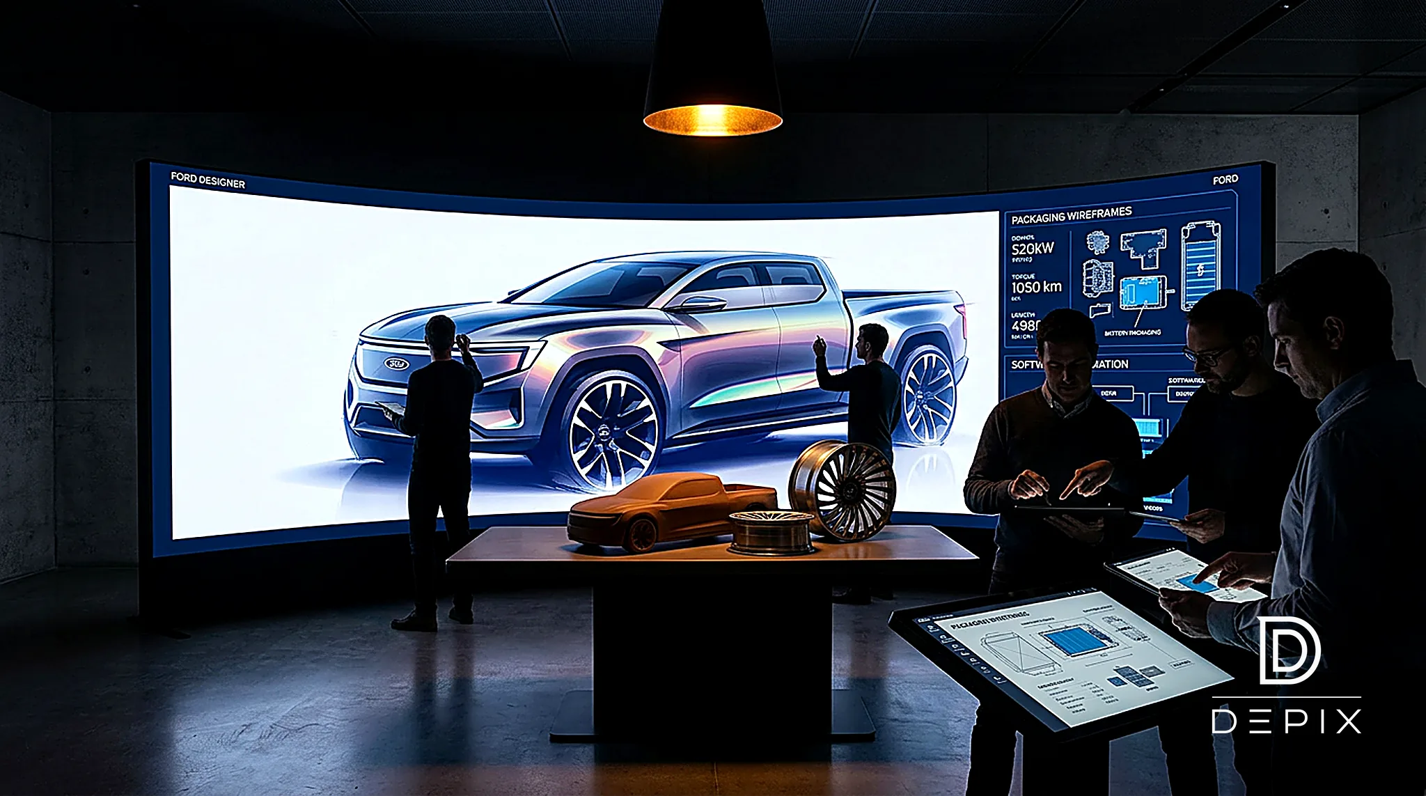 Ford designers and engineers reviewing a full-size clay model of a next-generation truck together under studio lighting
