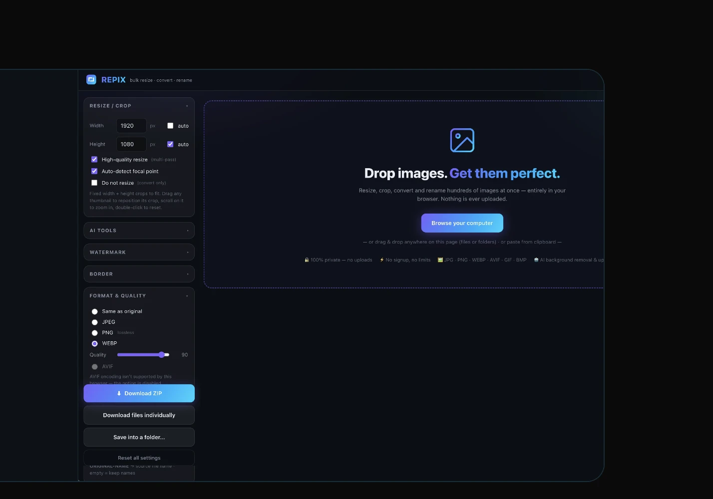 Repix — bulk image resize, convert and rename tool