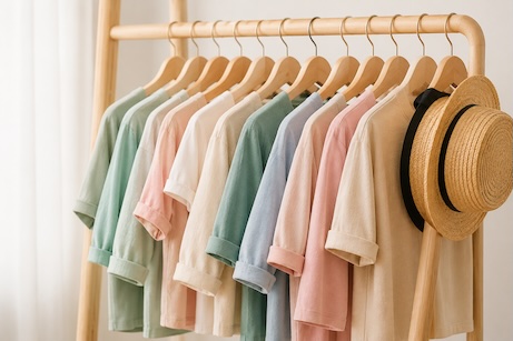 Cabideiro com roupas em tons neutros e pastéis suaves