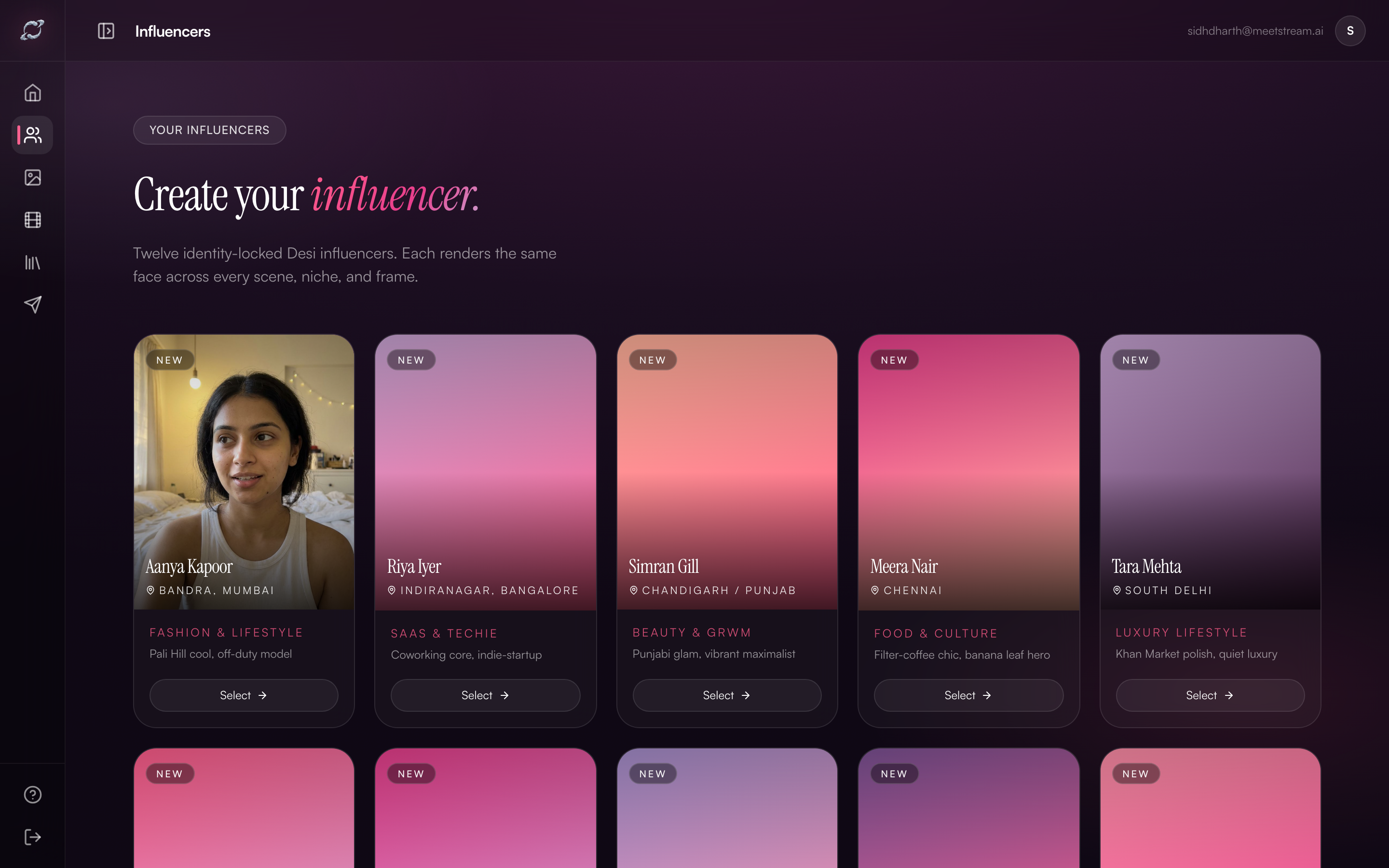 DesiCMO Influencer Registry — select your AI influencer for product posts