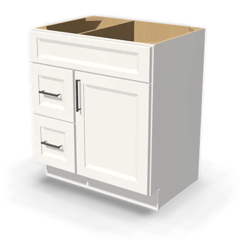 VSD3021L cabinet in Bevel White, angle view