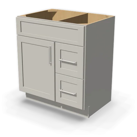 VSD3021R cabinet in Shaker Light Gray, angle view