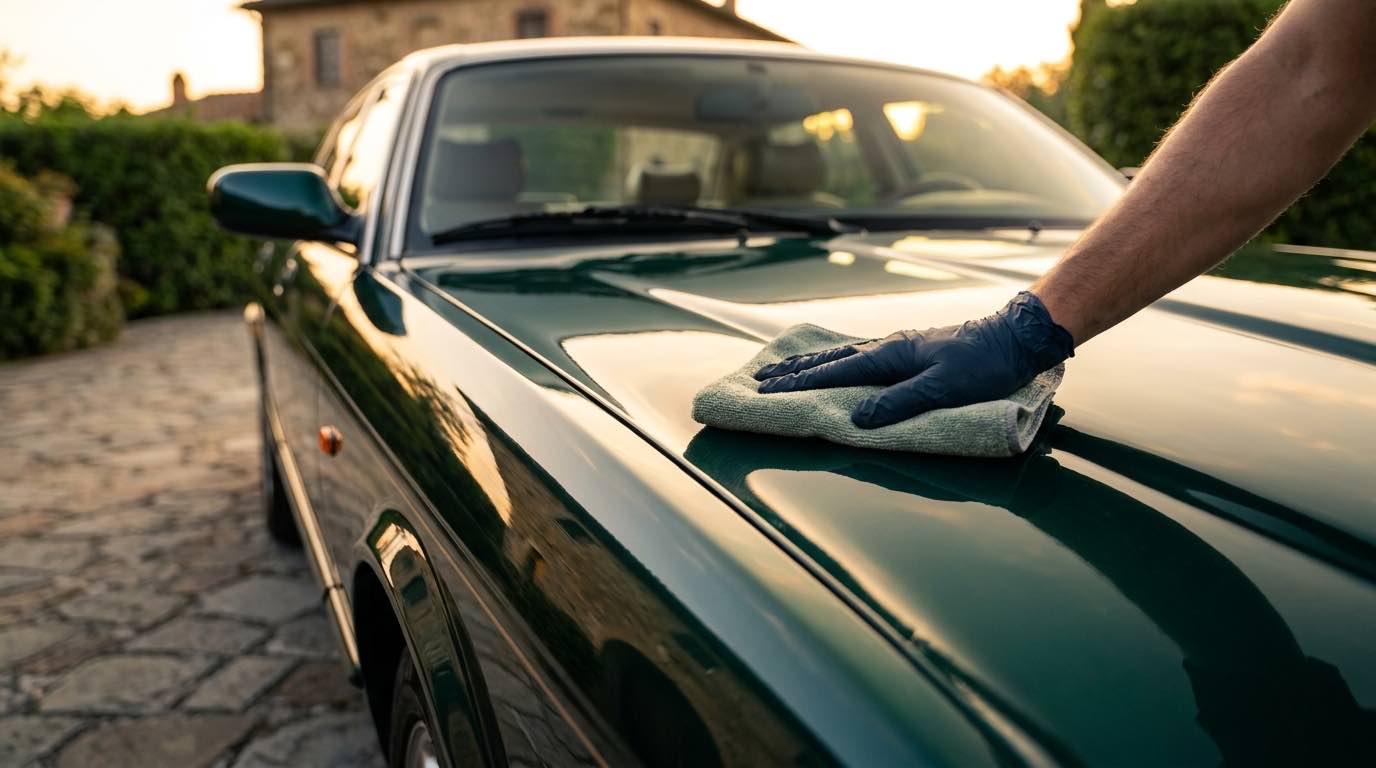Gloved hand buffing a deep hood at sunset