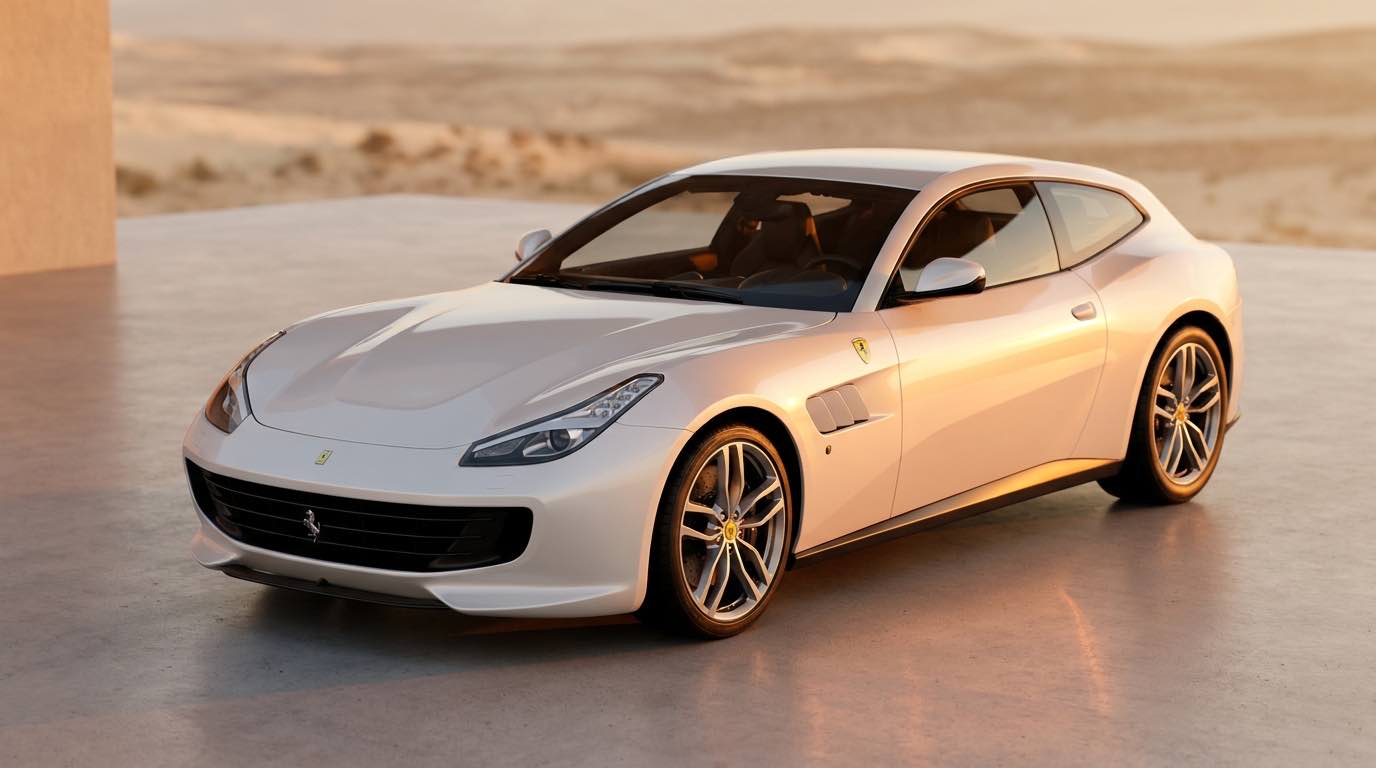 Pearl white grand tourer photographed at golden hour