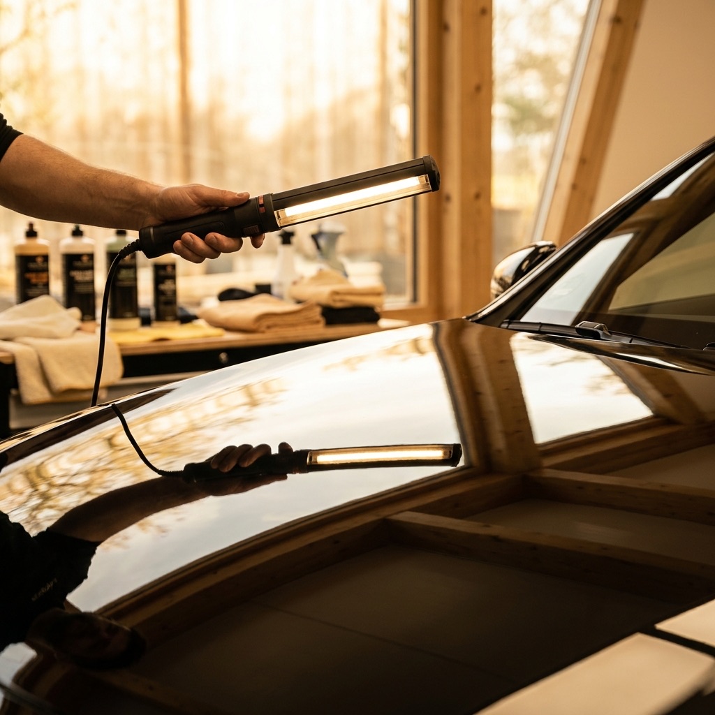 Paint being corrected under an inspection lamp