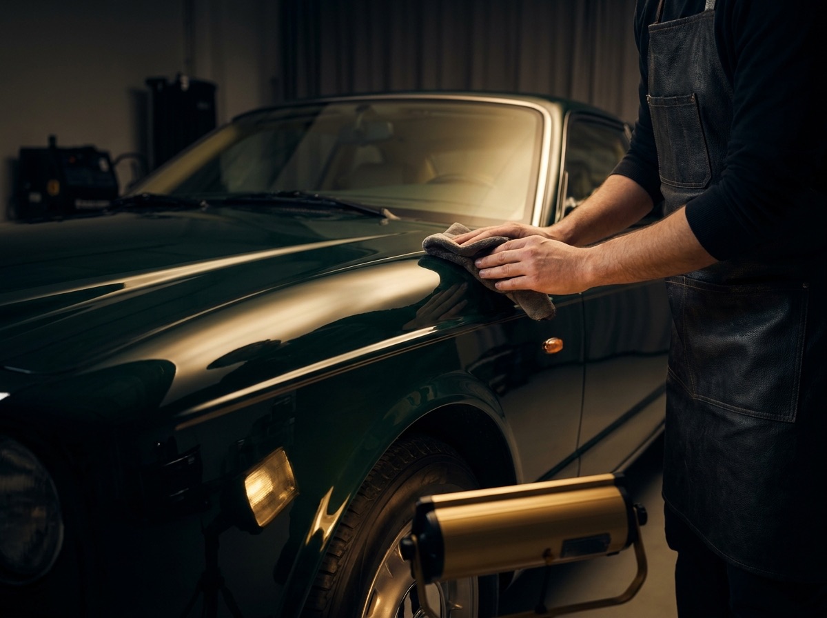 Detailer inspecting a reflection under an inspection lamp