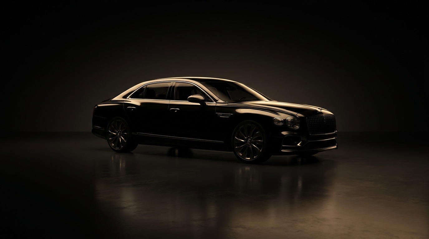 Dark luxury sedan under warm rim lighting in a detailing studio