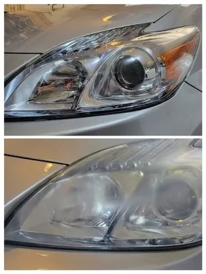 Before-and-after headlight restoration showing foggy lens restored to clear