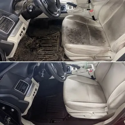 Before-and-after interior detail showing a dirty driver seat and floor mat restored to clean