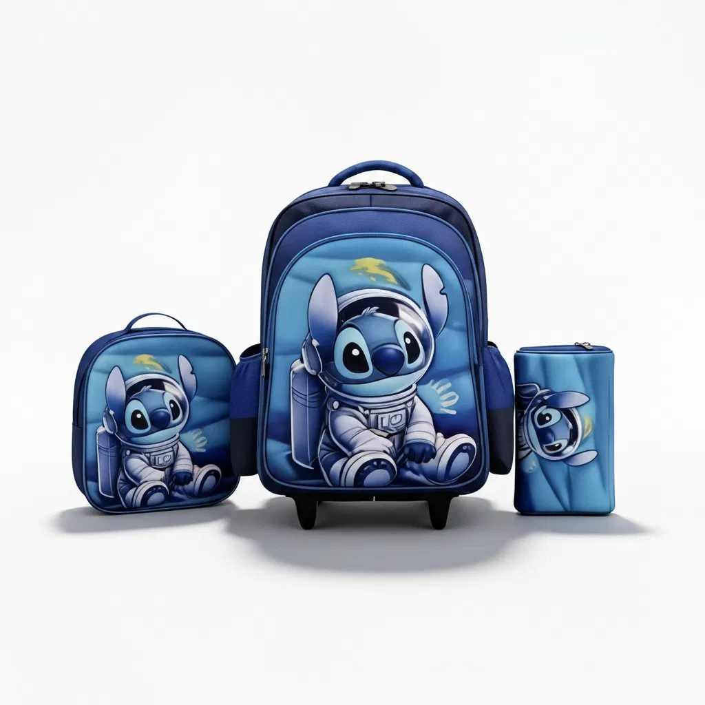 Pack 3 en 1 : Sac à Dos à Roulettes Stitch Astronaute 3D - (Taille 16) + Lunch Bag et Trousse