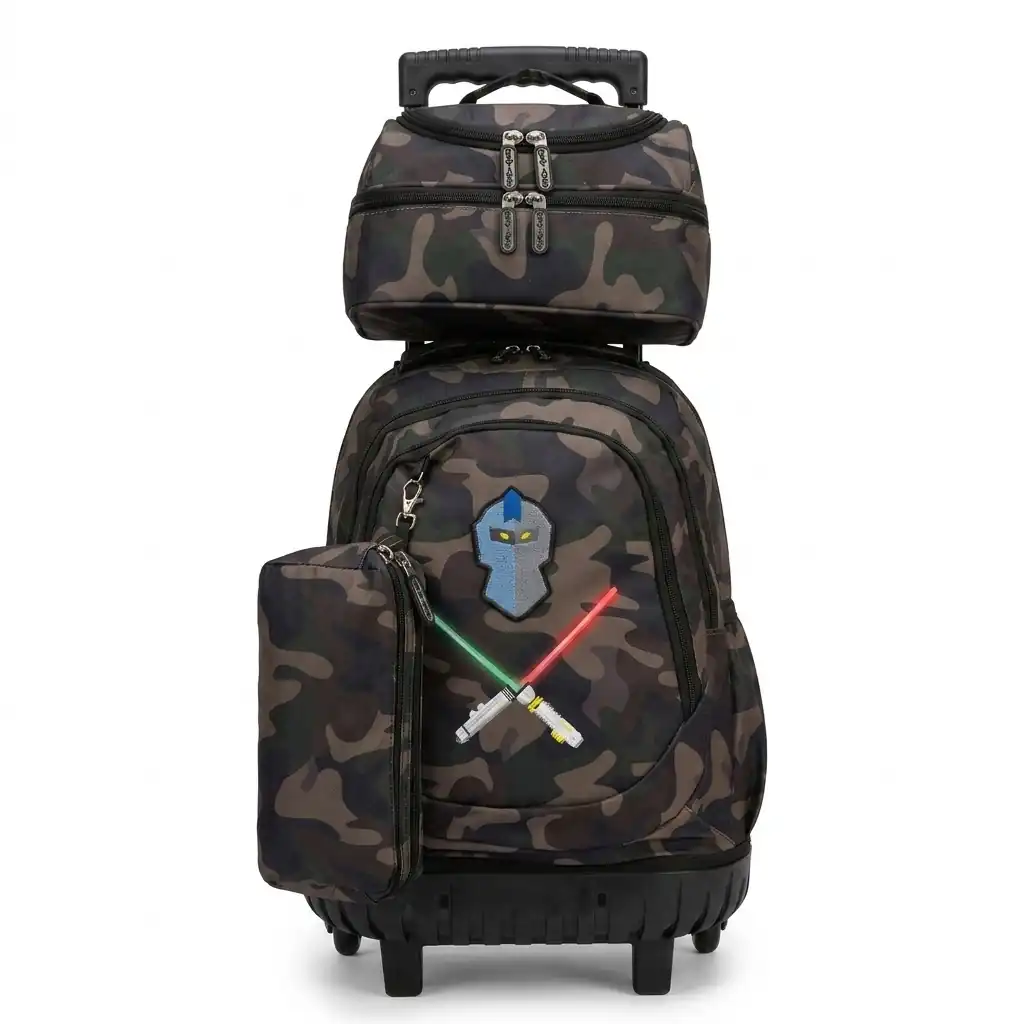 Pack 3 en 1 : Sac à Dos à Roulettes Camouflage - (Taille 17) + Lunch Bag et Trousse