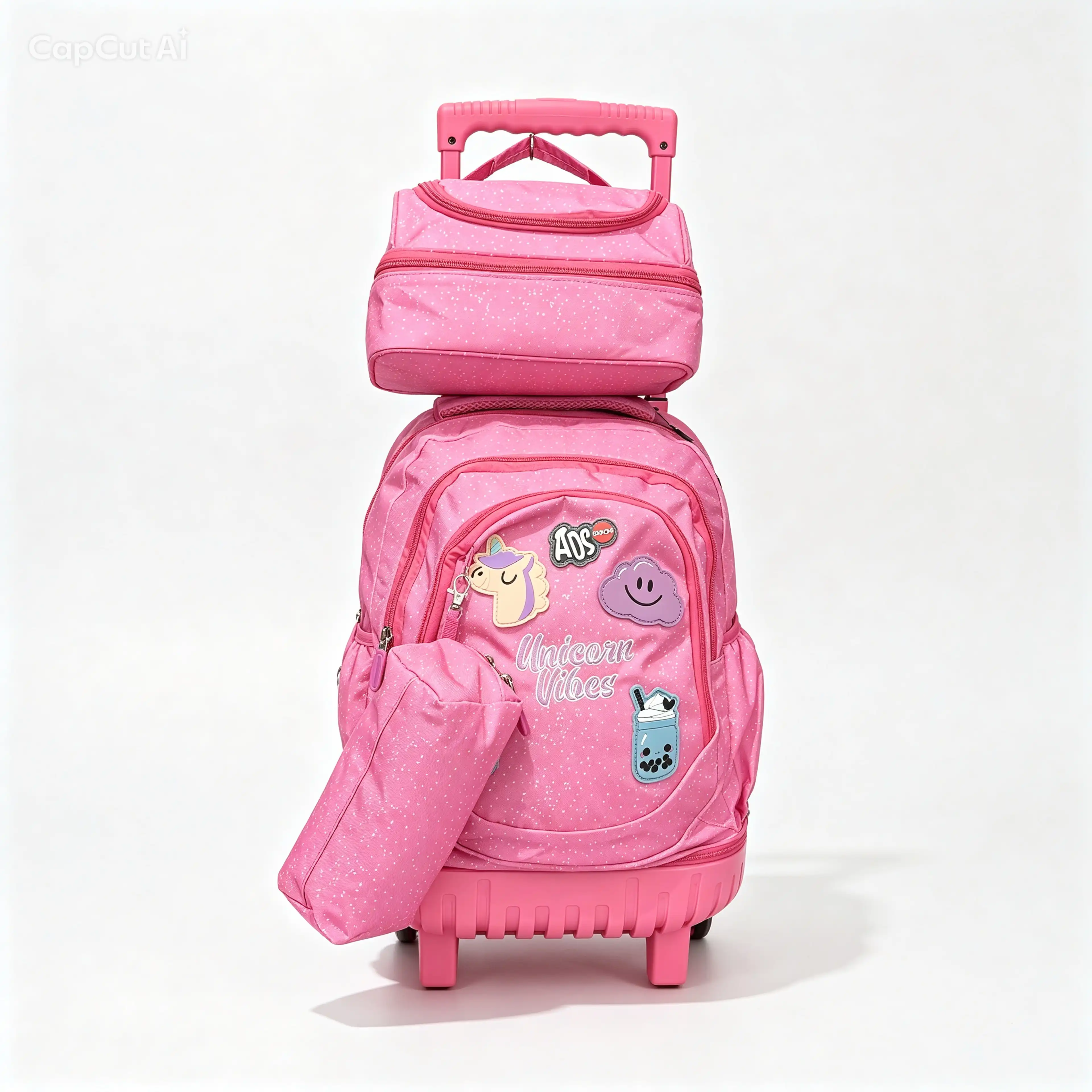Pack 3 en 1 : Sac à Dos à Roulettes Licorne - (Taille 17) + Lunch Bag et Trousse