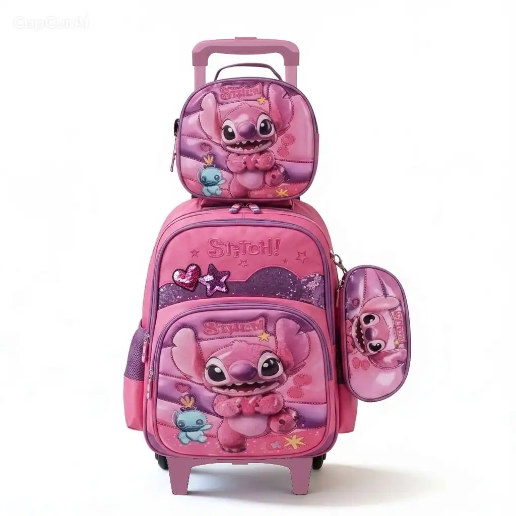 Pack 3 en 1 : Sac à Dos à Roulettes Angela Rose 3D - (Taille 16) + Lunch Bag et Trousse