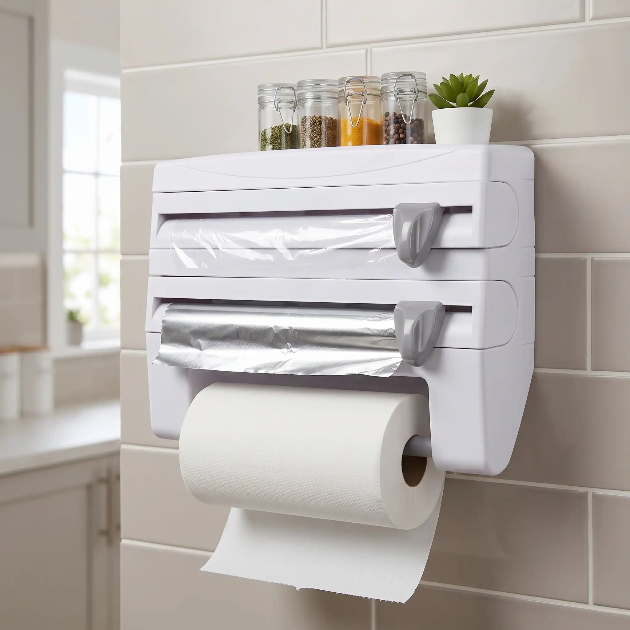 Distributeur de rouleaux de cuisine,Distributeur de papier d'aluminium et coupe-papier,support de rangement multifonctionnel