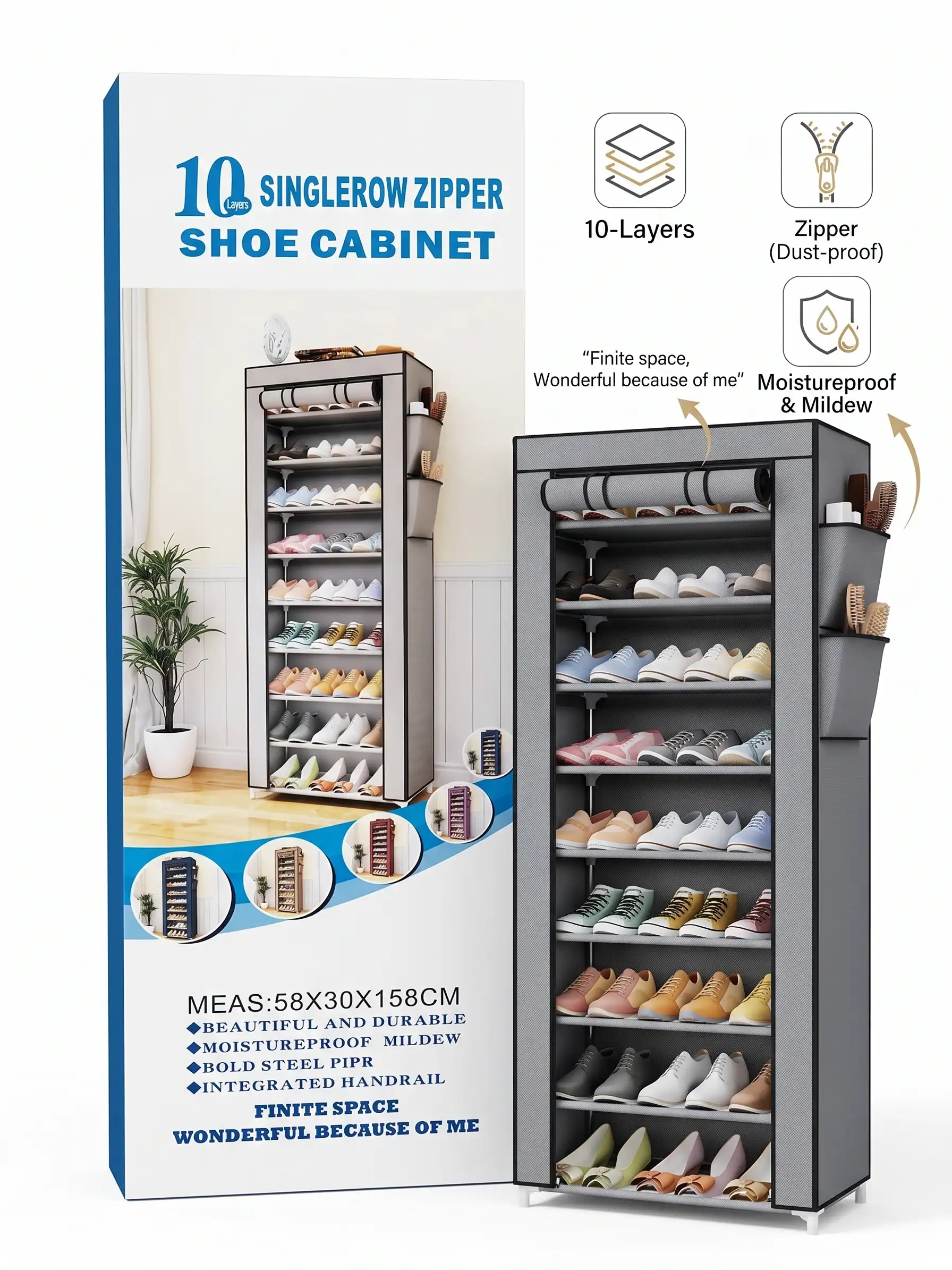 Armoire à Chaussures 10 Niveaux avec Housse Anti-Poussière