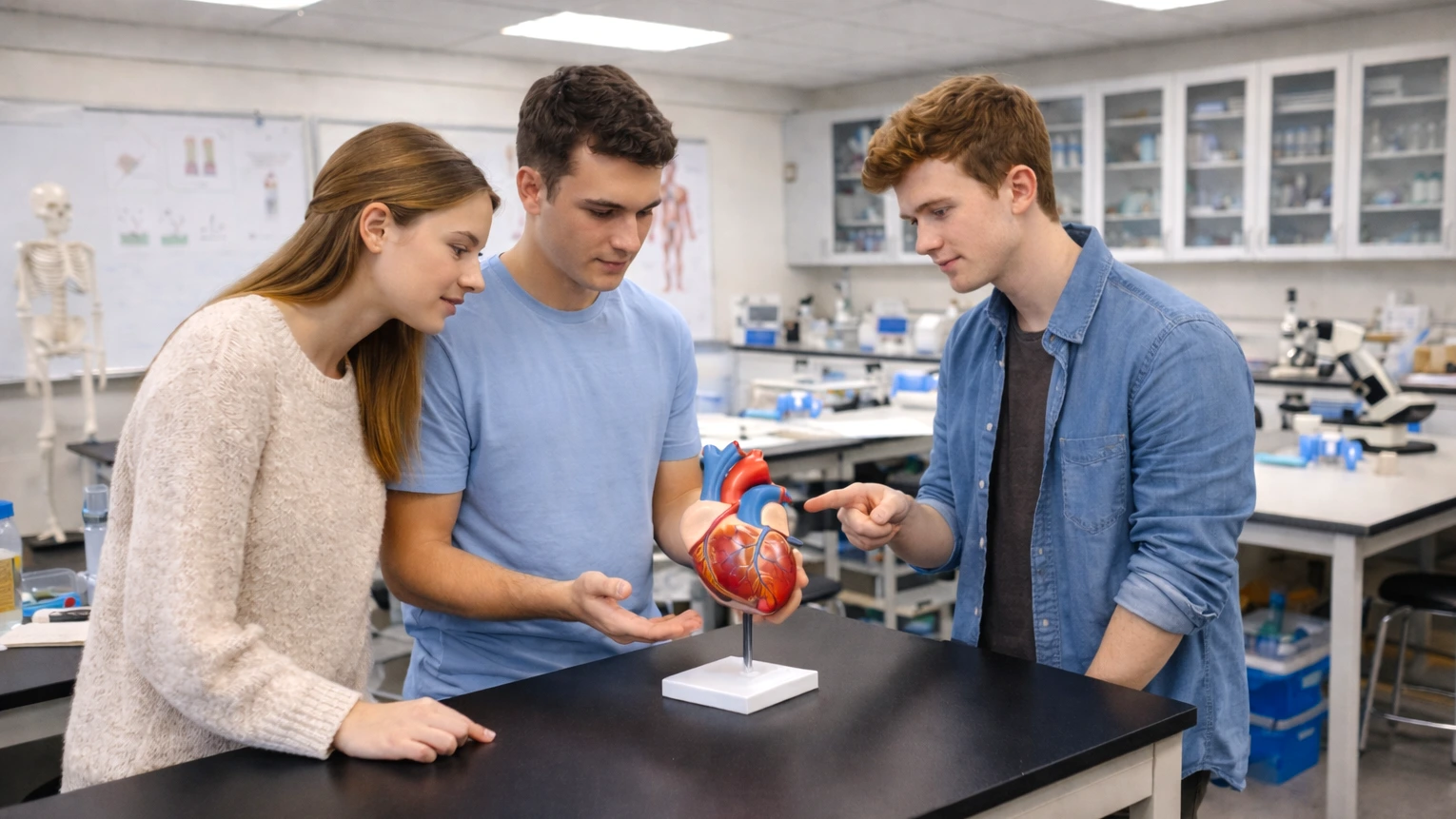 Des collégiens examinent un modèle en plastique d'un cœur humain monté sur un support. La salle est un laboratoire d'enseignement bien équipé avec des microscopes, des affiches anatomiques et un modèle de squelette visible à l'arrière-plan. 