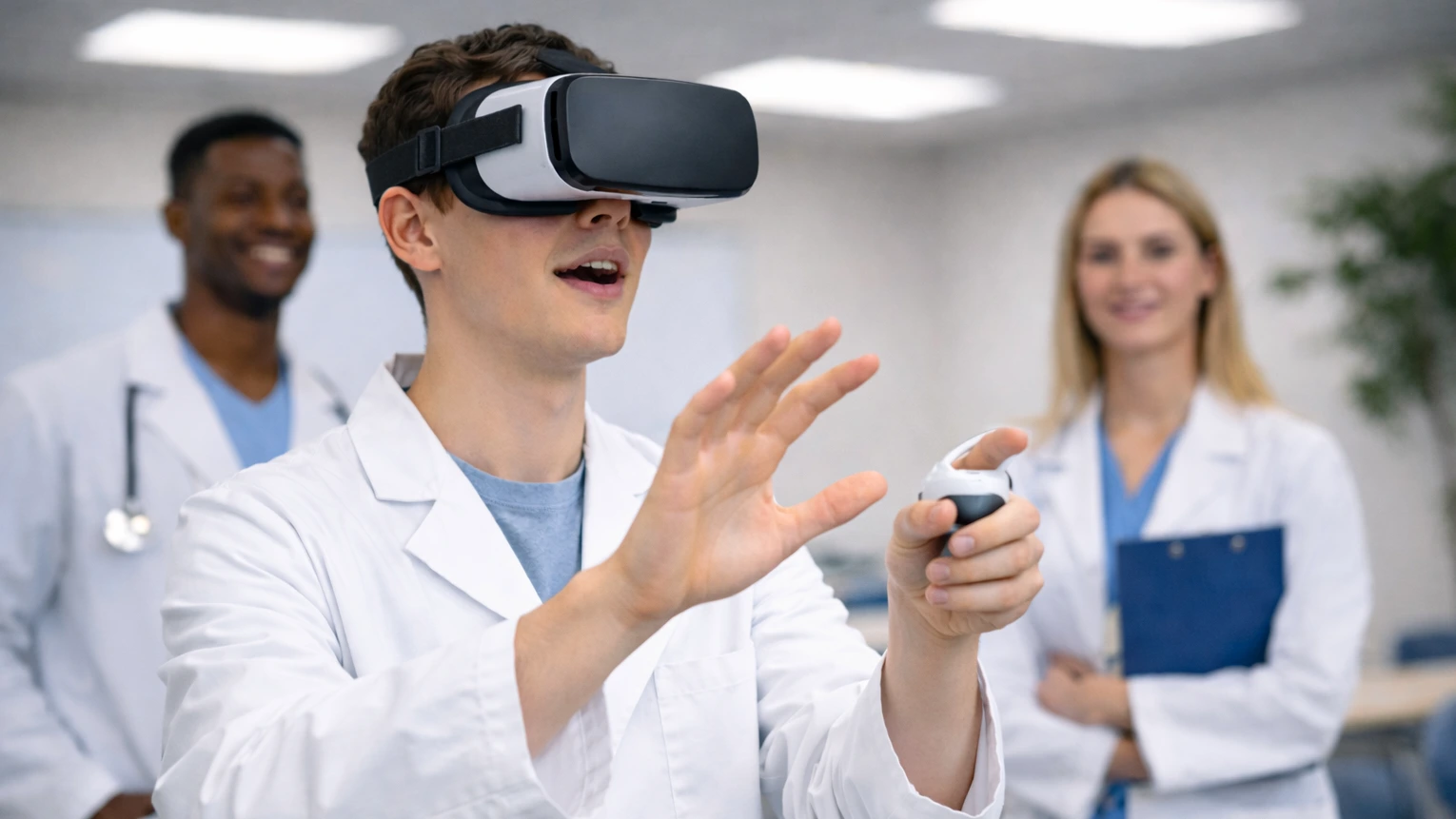 Alt text : Une salle de classe d'université pendant un cours basé sur la RV. Un étudiant porte un casque de réalité virtuelle et fait des gestes avec ses mains tout en tenant un contrôleur, participant activement à une simulation.