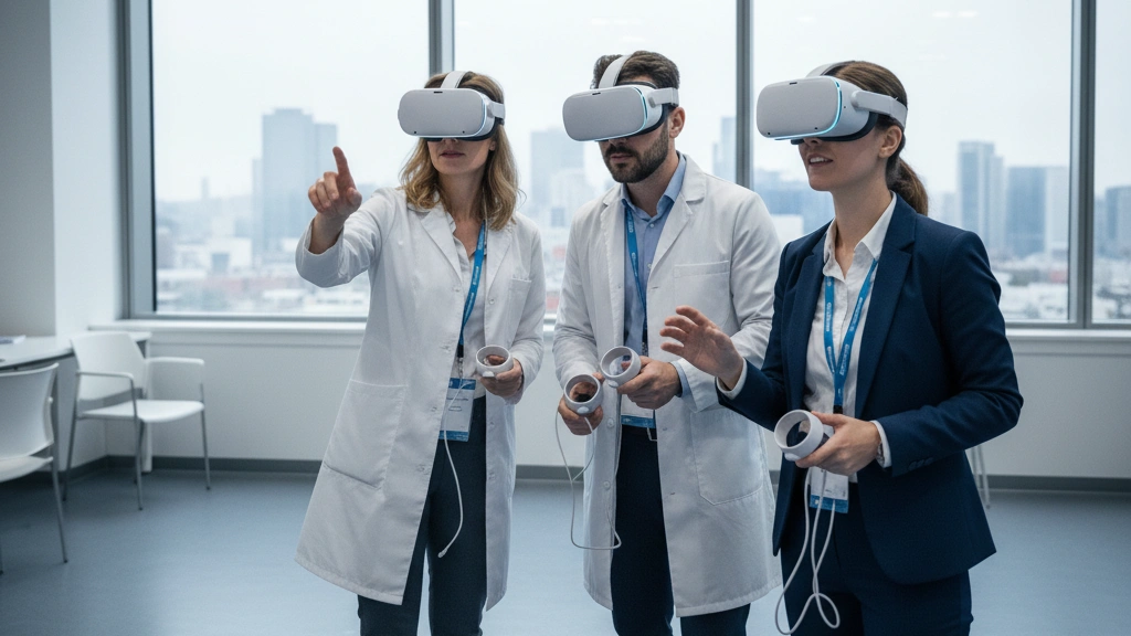 Trois professionnels de la santé portant des casques de RV participent à une session de formation numérique immersive. Cette scène illustre la manière dont le marketing pharmaceutique utilise les technologies de RV pour créer des expériences éducatives attrayantes dans le domaine de la santé.