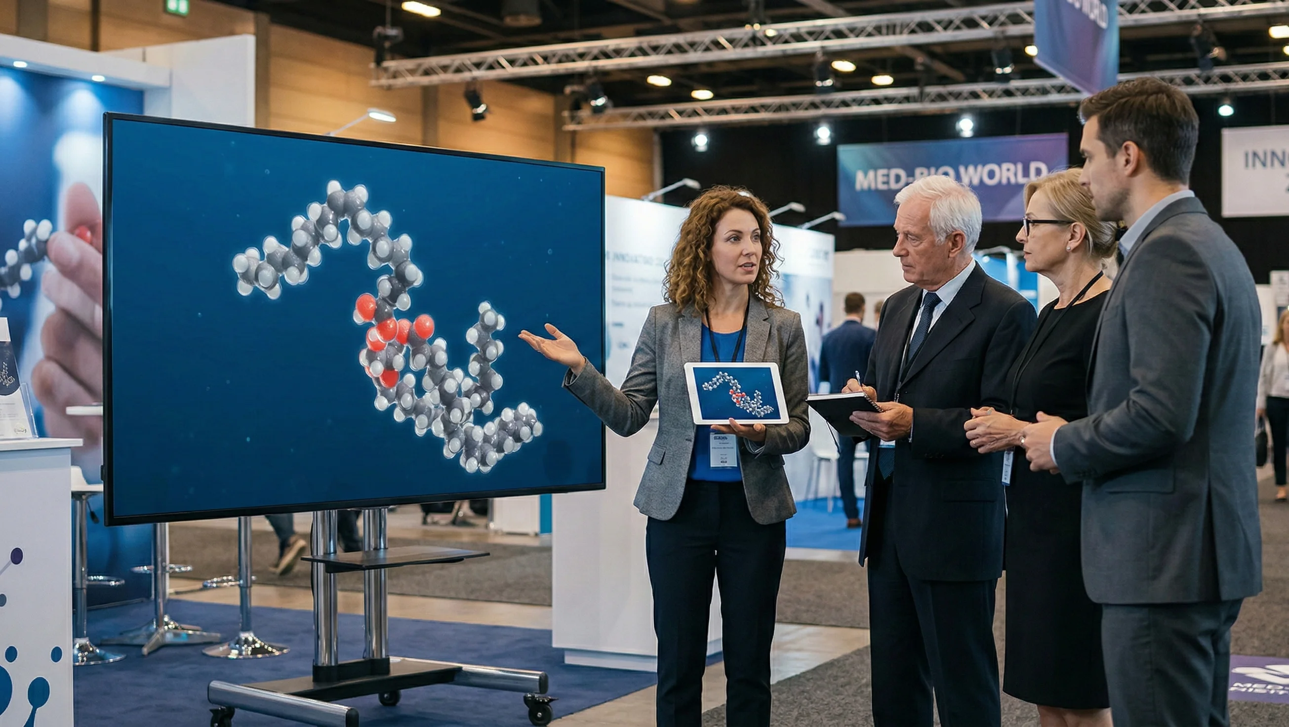 A pharmaceutical representative standing in a busy conference hall, using a tablet to present a 3D molecular model on a large display to a group of investors.