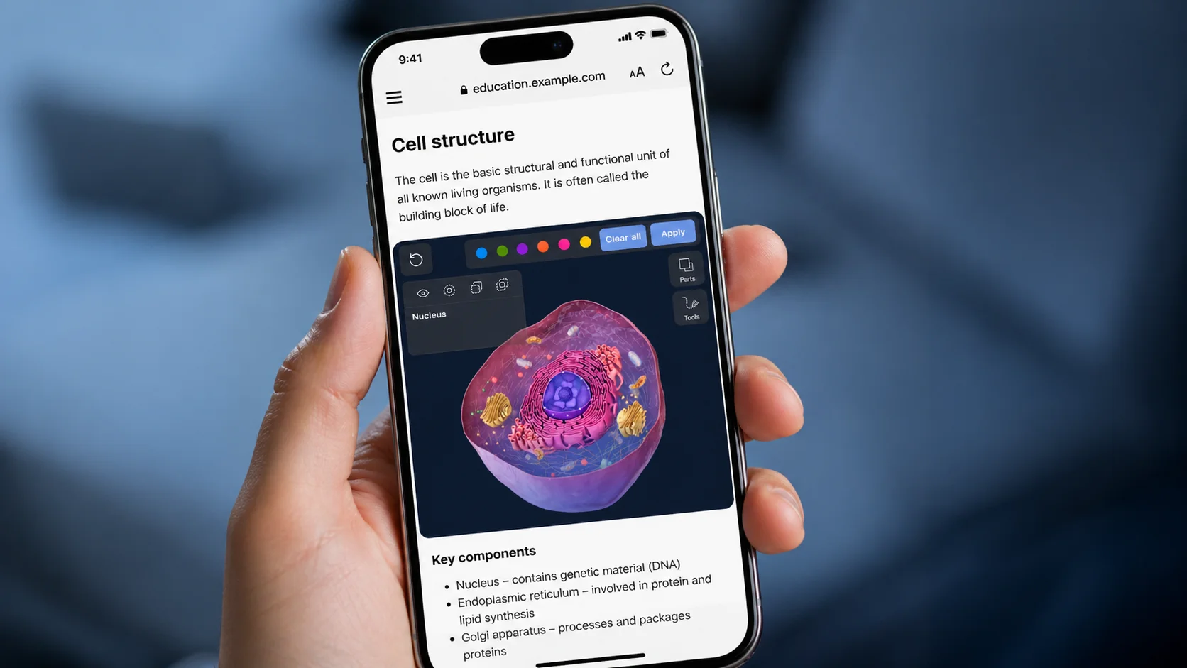 Une main tenant un téléphone portable qui affiche un article éducatif avec une visionneuse 3D interactive montrant un modèle de cellule détaillé avec des commandes pour les couleurs, les pièces et les outils.
