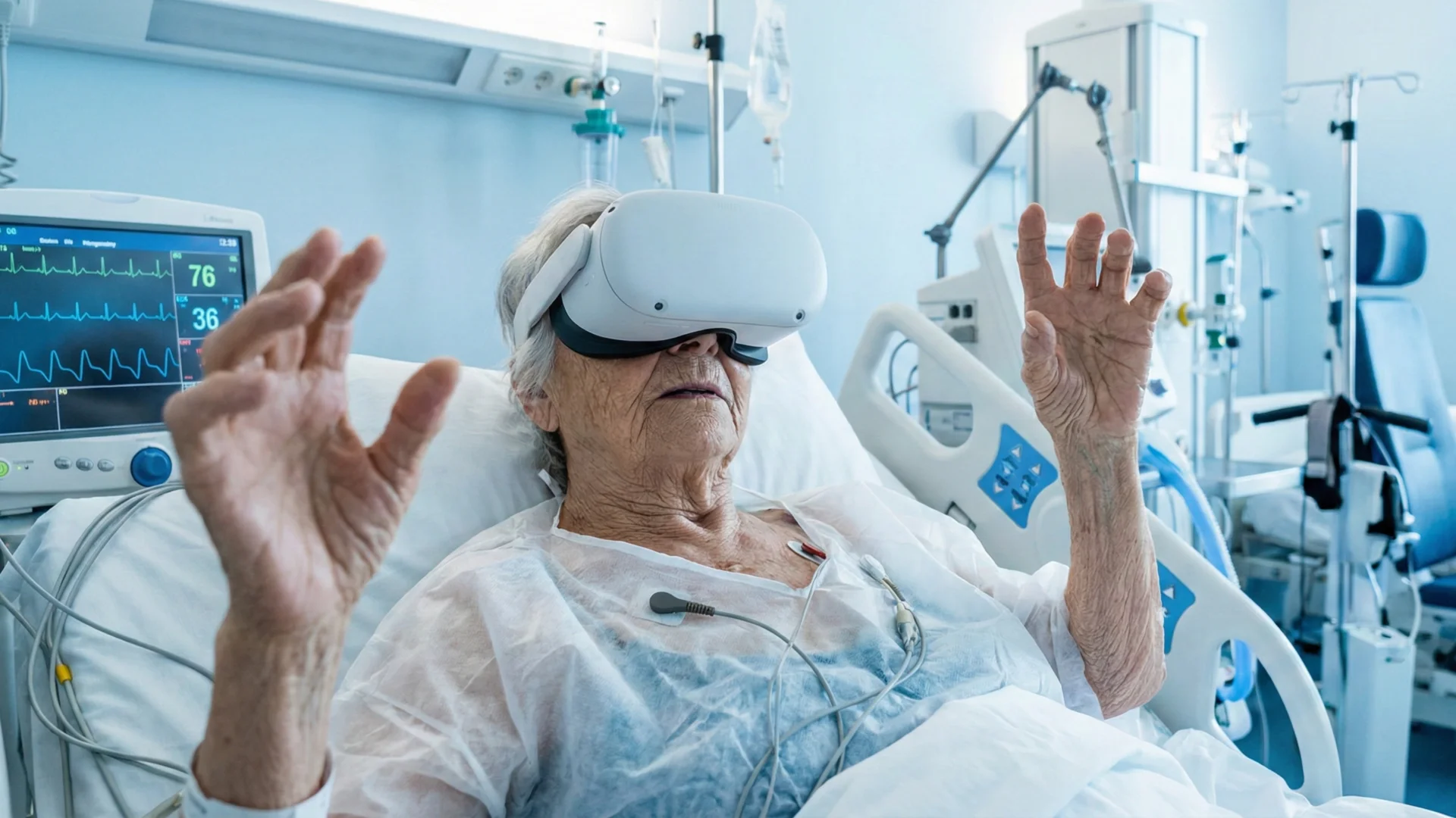 An elderly patient lying in a hospital bed wears a VR headset and interacts with a virtual therapeutic environment, illustrating the application of extended reality for pain management and rehabilitation in clinical care.