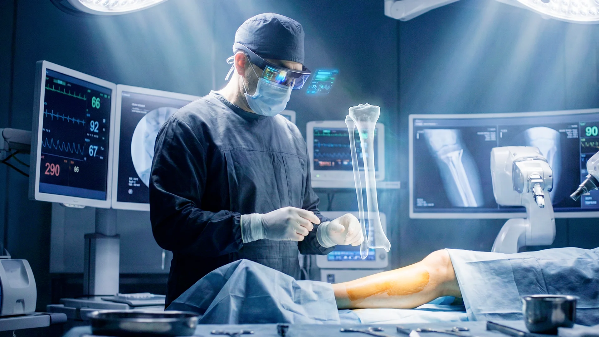 A surgeon wearing AR smart glasses analyzes a holographic 3D projection of a leg bone overlaid on a patient during surgery, demonstrating how extended reality enhances visualization and precision in complex medical procedures.