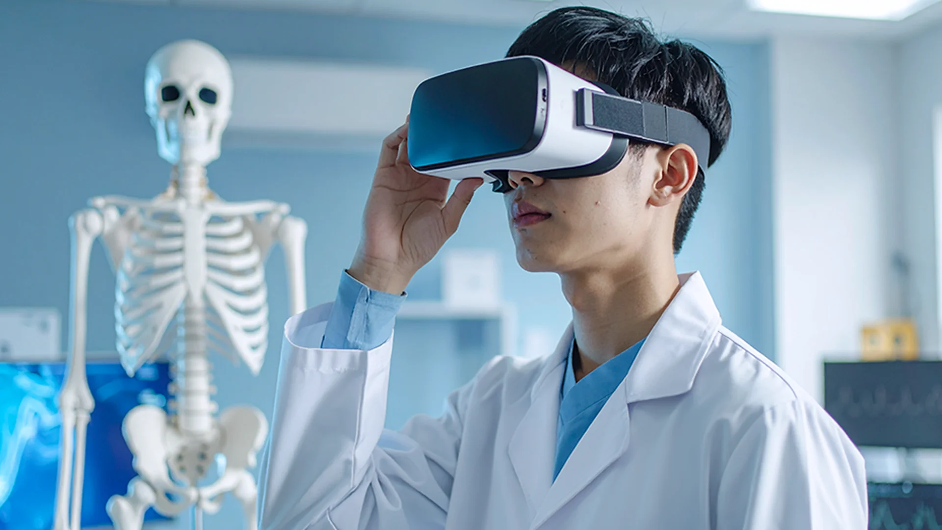 A medical professional wearing a virtual reality headset stands beside a physical skeleton model, showcasing the integration of immersive simulation technology to deepen anatomical understanding and training efficiency.