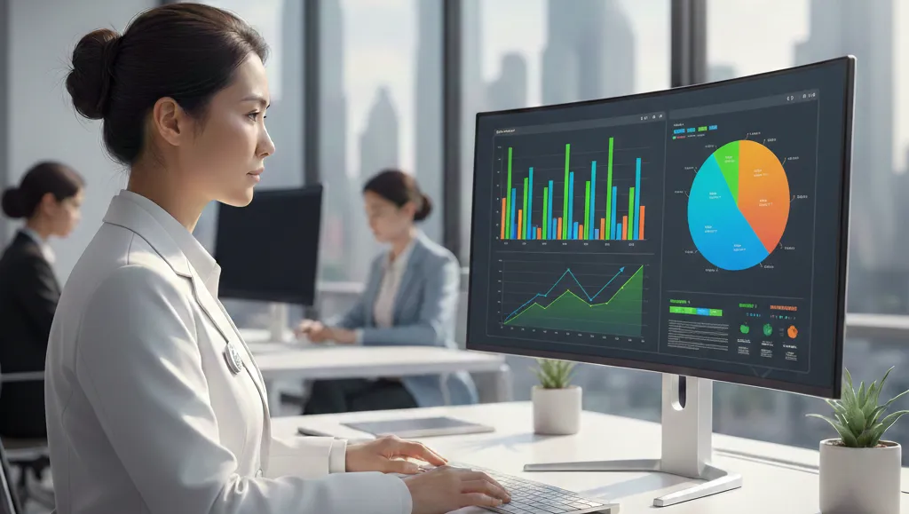 Una dottoressa lavora a una moderna scrivania con un grande monitor che visualizza grafici di dati e un grafico a torta sull'analisi basata sull'intelligenza artificiale dei punteggi di rischio e dei livelli di coinvolgimento dei pazienti.