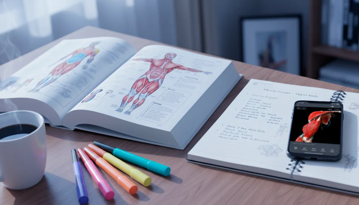 Organized medical study desk with textbook, notes, and a 3D muscle anatomy app on a smartphone, representing effective study planning and organization.