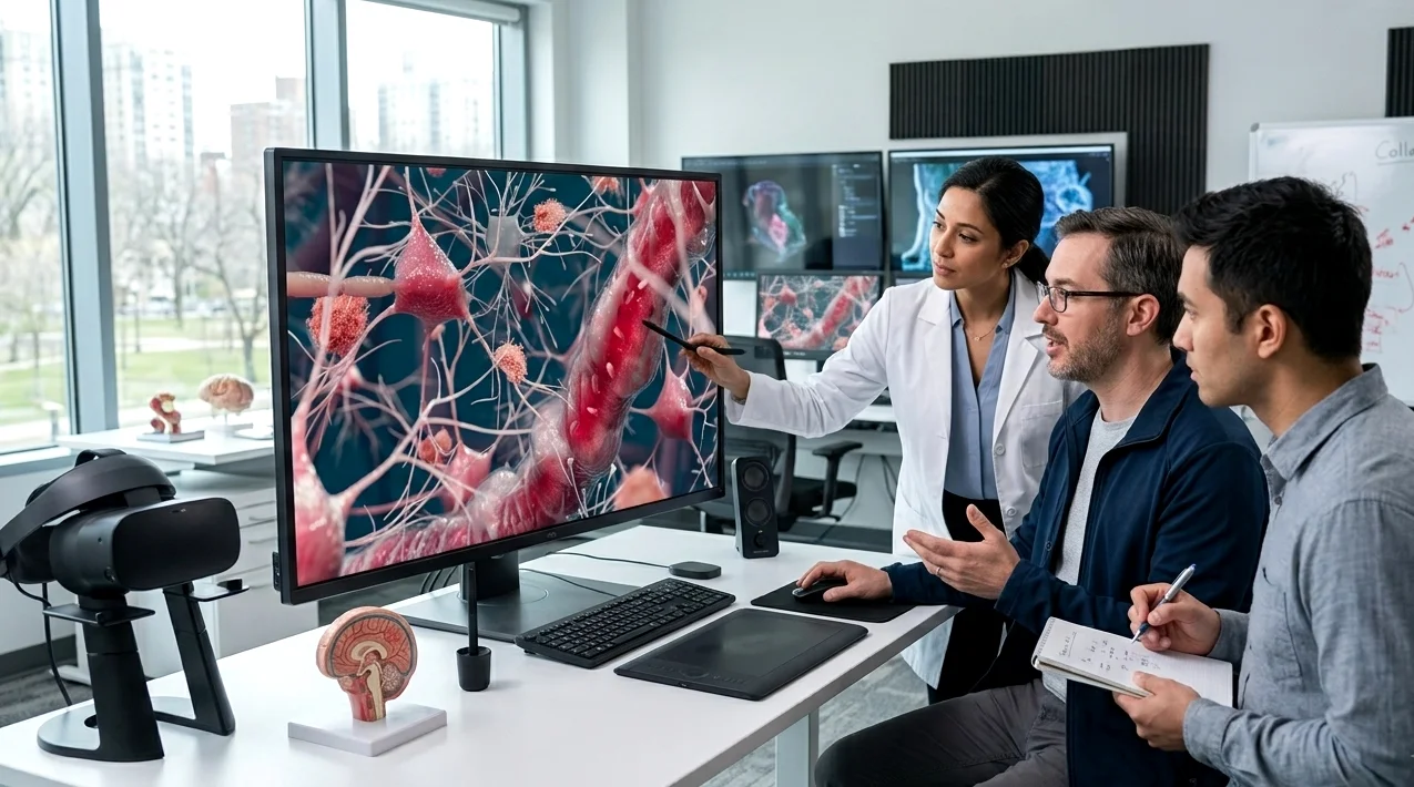 Ein multidisziplinäres Team aus drei Fachleuten für medizinische Animationen begutachtet in einem modernen Studio auf einem großen Desktop-Monitor eine detaillierte medizinische 3D-Visualisierung von Neuronen und Blutgefäßen.