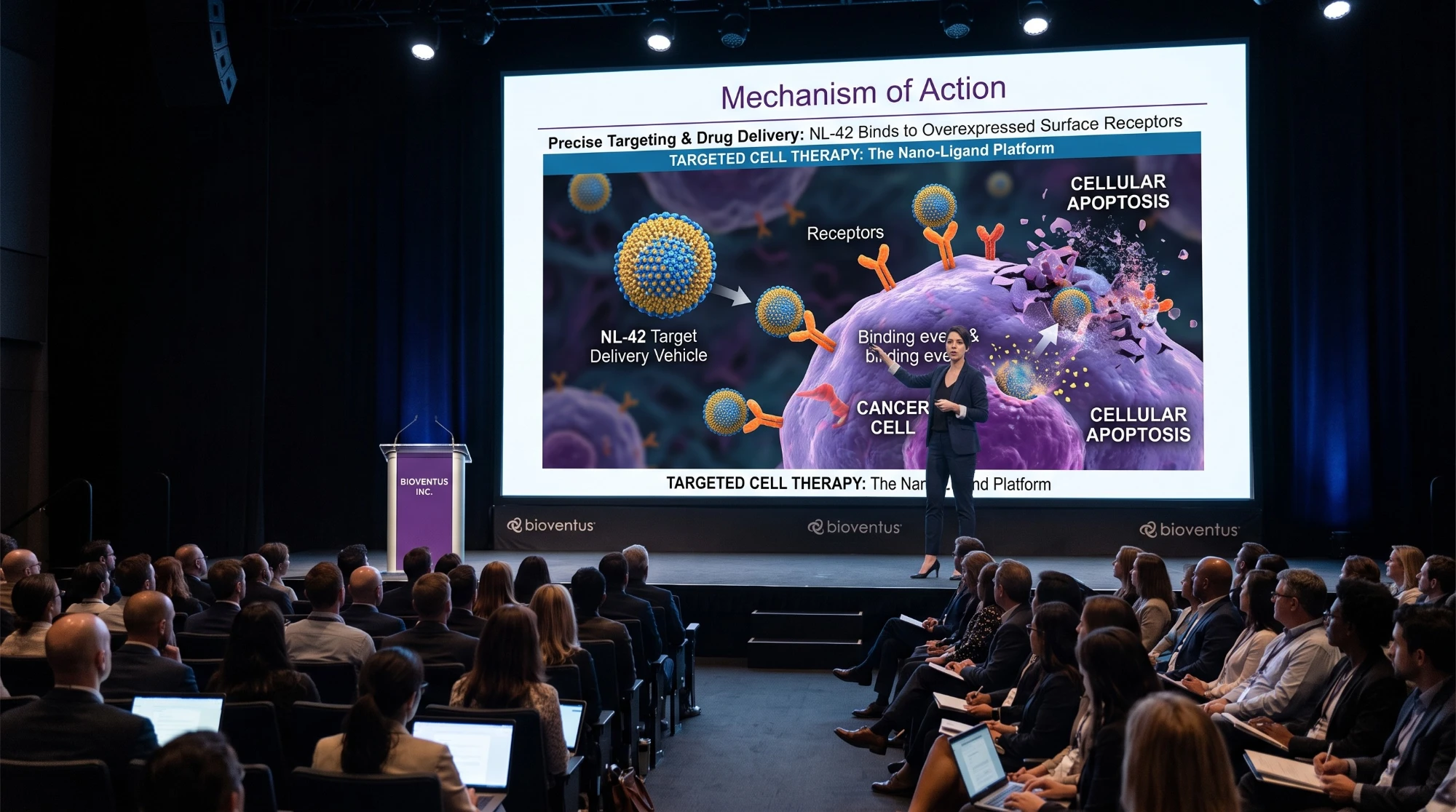 A presenter stands beside a large presentation screen in an auditorium, displaying a biotech slide titled