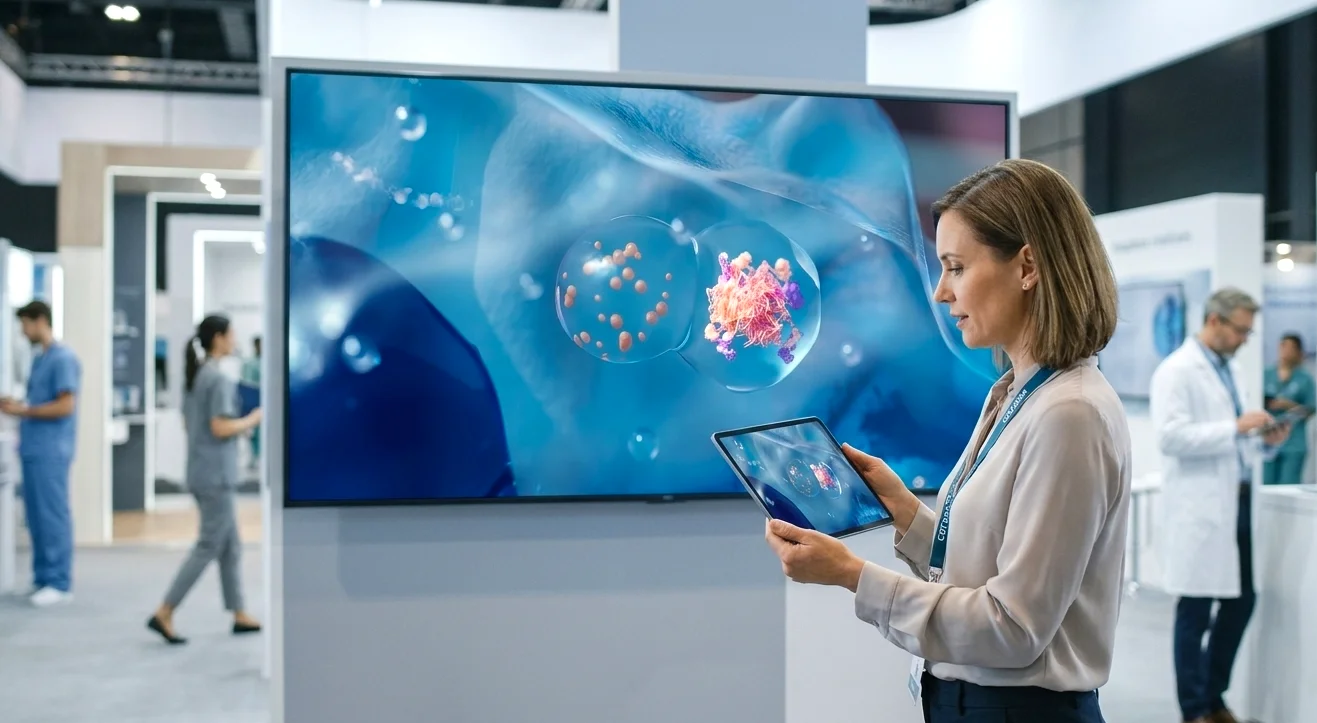 Ein medizinischer Fachangestellter steht in einer modernen Ausstellungshalle eines internationalen medizinischen Kongresses und betrachtet auf dem Bildschirm eines Tablets eine medizinische Visualisierung mittels zelltherapeutischer Genomtherapie (CGT). 