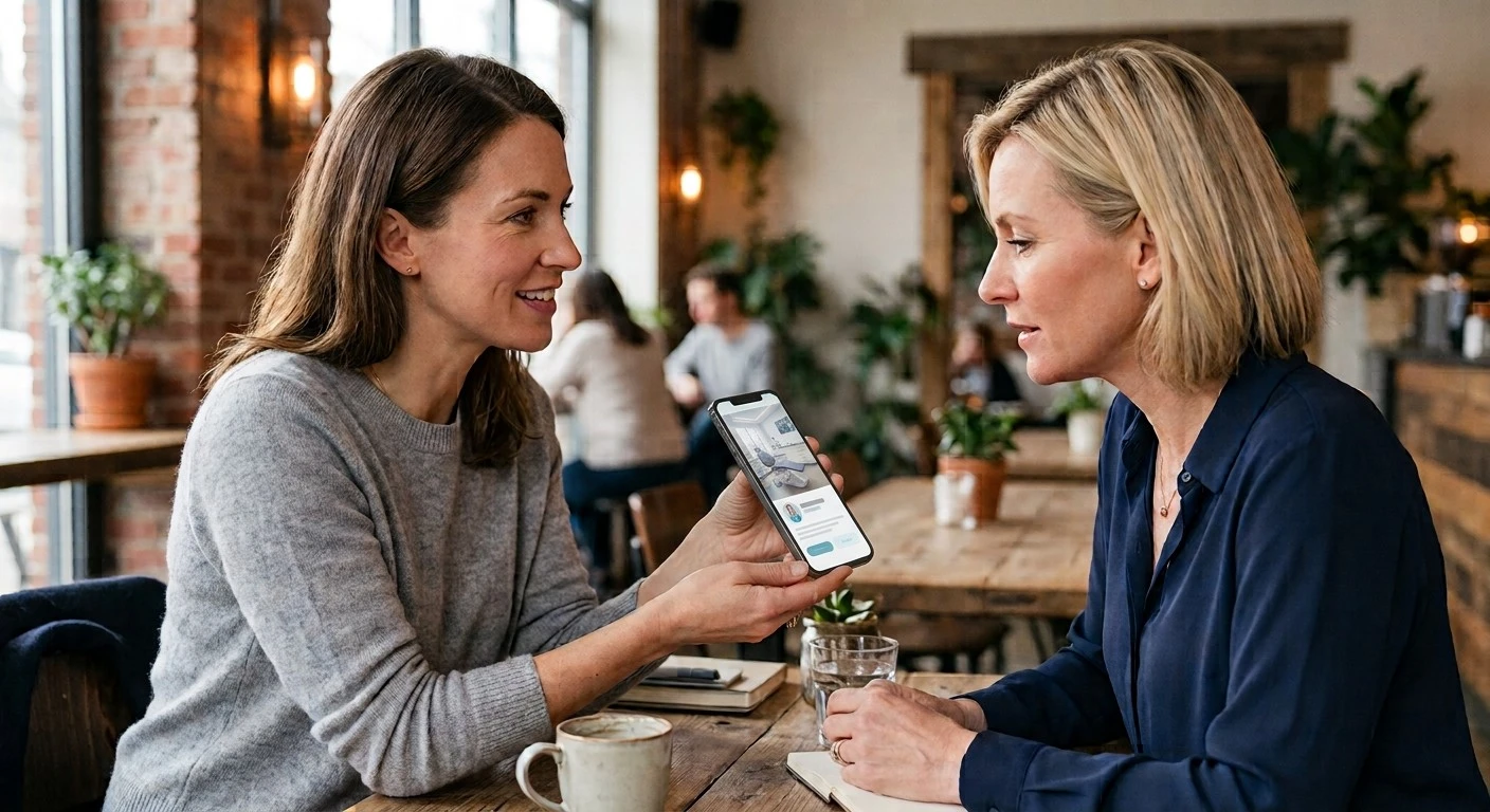 Una donna che mostra a un'amica il profilo di uno studio dentistico sul proprio smartphone, illustrando come le segnalazioni personali possano aiutare ad attirare nuovi pazienti.