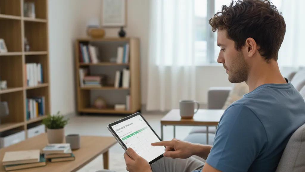 Un uomo seduto nel salotto di una casa moderna utilizza un tablet per interagire con un sistema digitale di programmazione sanitaria.