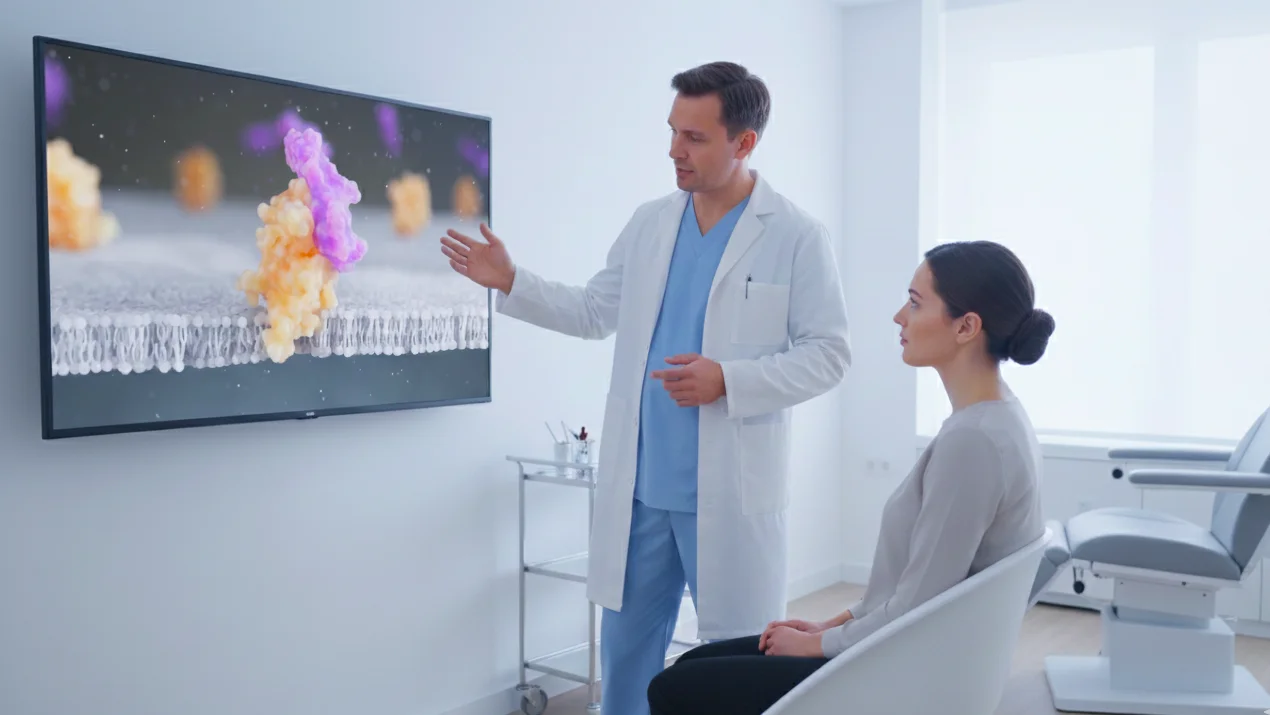 Dans un cabinet médical moderne, un médecin utilise un grand écran mural pour montrer à un patient une animation moléculaire détaillée d'un processus de traitement.