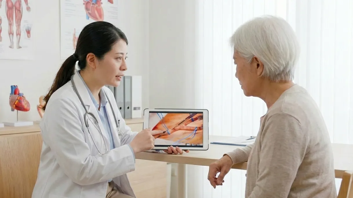 Una doctora señala la pantalla de una tableta que muestra un primer plano de una endarterectomía carotídea, con los instrumentos y los vasos visibles. La doctora está explicando el procedimiento quirúrgico al paciente.
