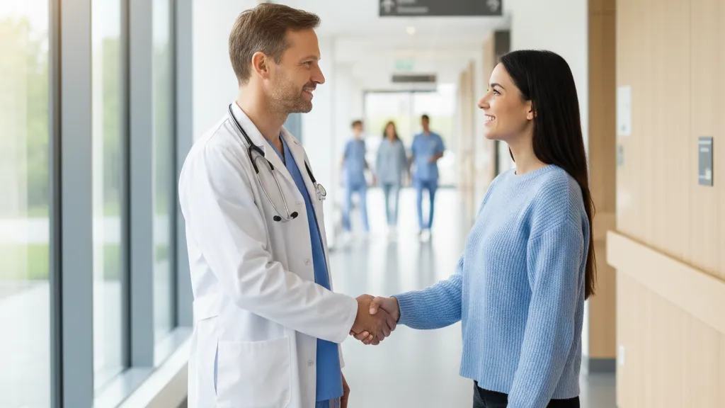 Un medico maschio sorride mentre stringe la mano a una paziente donna in un corridoio d'ospedale ben illuminato.