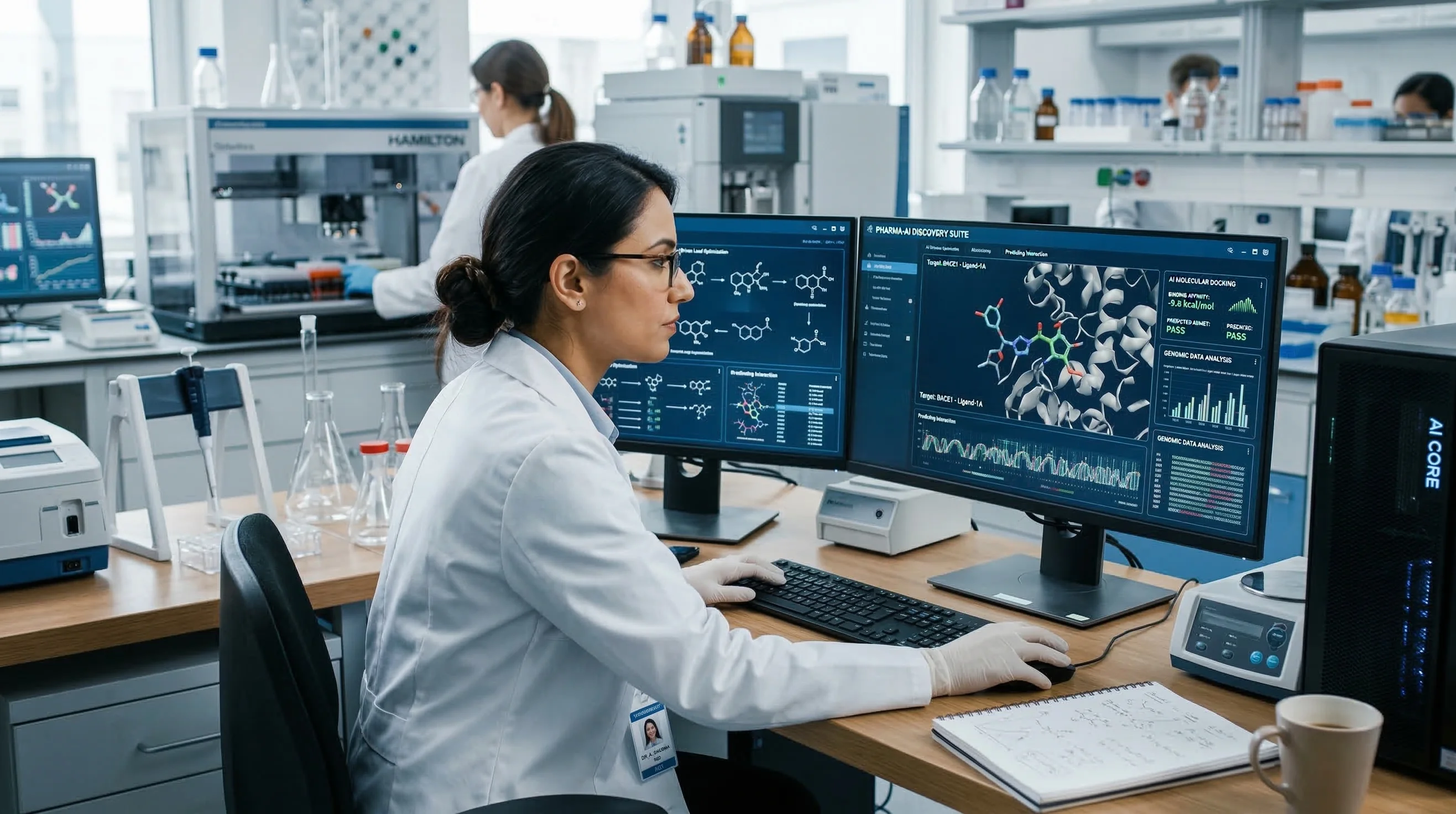 Una científica farmacéutica analiza datos complejos de descubrimiento de fármacos basados en IA en monitores duales. Se centra en modelos moleculares 3D y estructuras químicas.