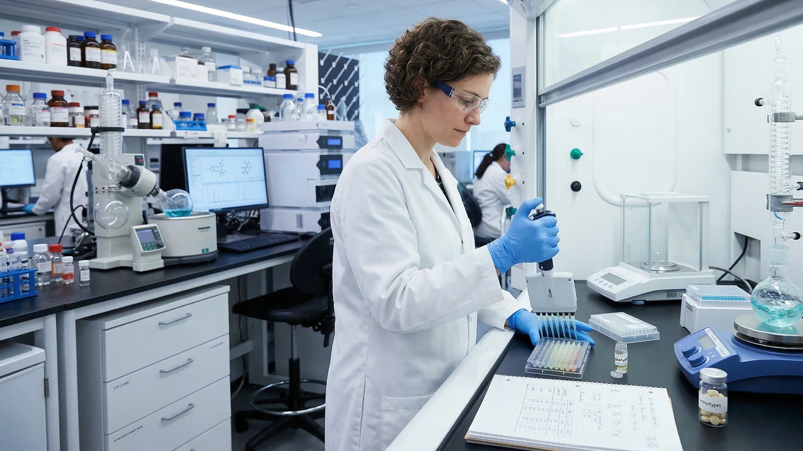 Una científica con bata blanca de laboratorio y gafas de seguridad utiliza una pipeta multicanal para procesar muestras en una placa de pocillos. Trabaja en un laboratorio moderno y bien iluminado, equipado con frascos de productos químicos, monitores digitales y un evaporador rotativo.