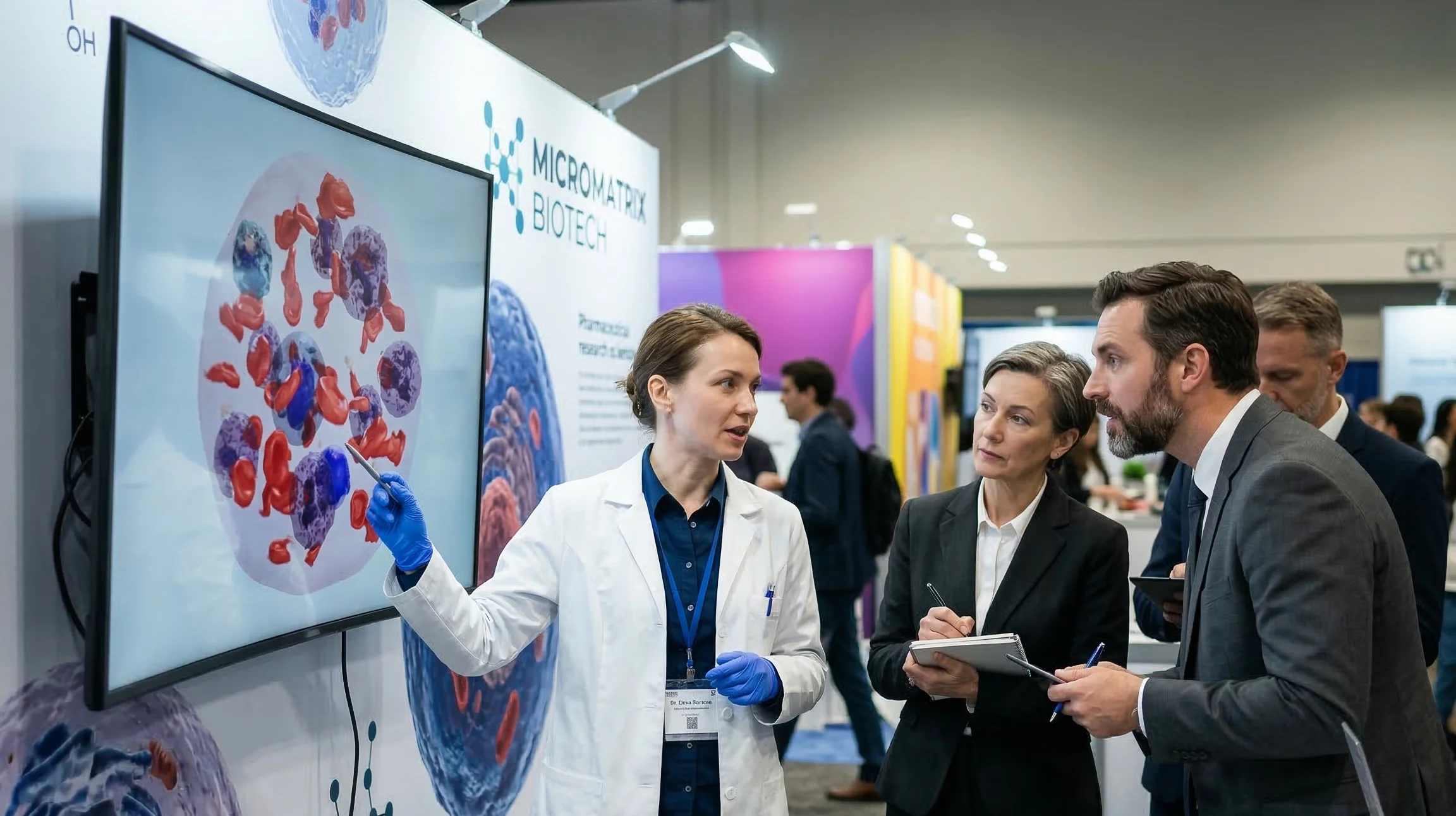 Una científica con bata de laboratorio señala una gran pantalla en la que se muestran estructuras celulares microscópicas en una conferencia de biotecnología. Está explicando sus hallazgos a dos profesionales