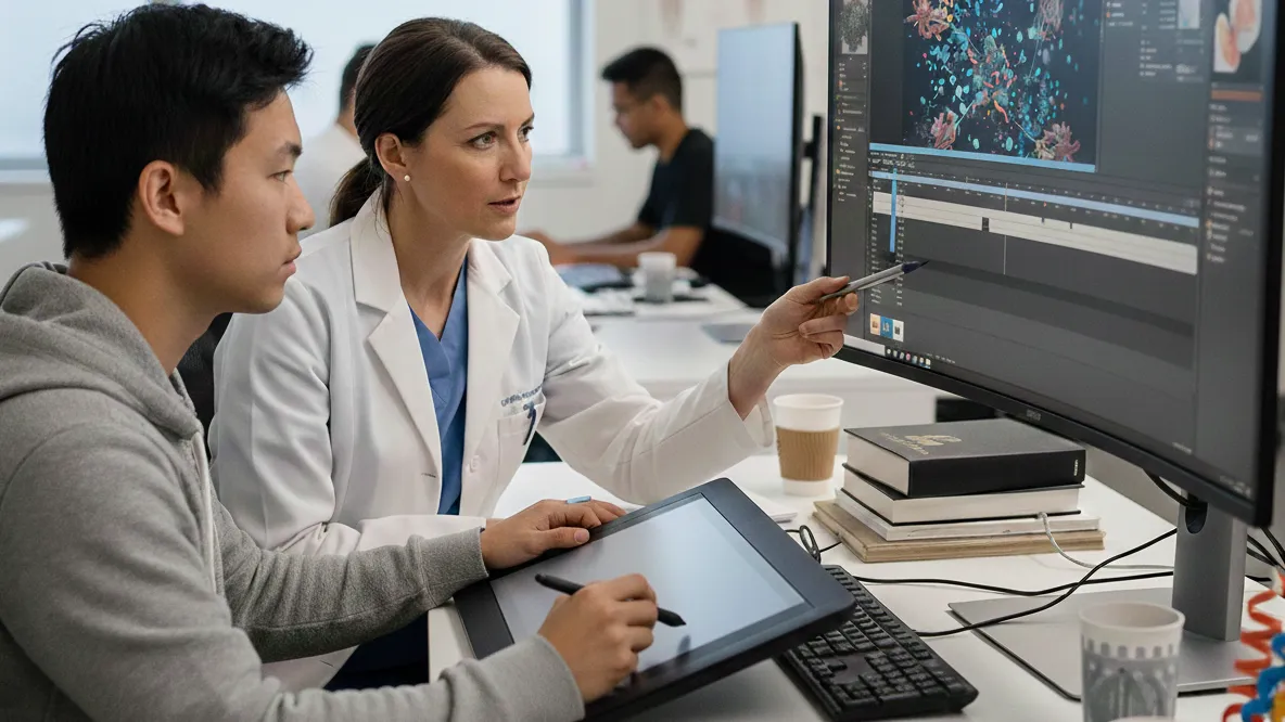 Eine Medizinerin in einem weißen Laborkittel betreut einen jungen 3D-Animator in einem grauen Kapuzenpulli. Sie konzentrieren sich auf einen großen Computermonitor, der komplexe, farbenfrohe biologische 3D-Visualisierungen anzeigt. Die medizinische Fachkraft zeigt mit einem Stift auf den Bildschirm, während der Animator ein digitales Zeichentablett und einen Stift verwendet.