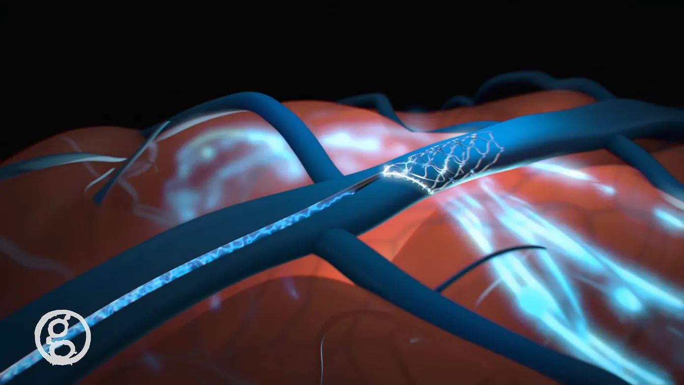Un rendering cinematografico in 3D dell'impianto di uno stent all'interno di un vaso sanguigno, che esemplifica l'attenzione di Ghost Productions per il visual storytelling nel marketing dei dispositivi medici.