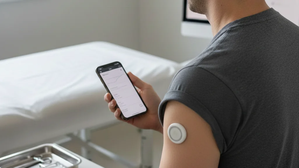 Un homme portant un capteur de glycémie continue (CGM) sur le bras est assis dans un cabinet médical, regardant un smartphone qui affiche les relevés de glycémie.